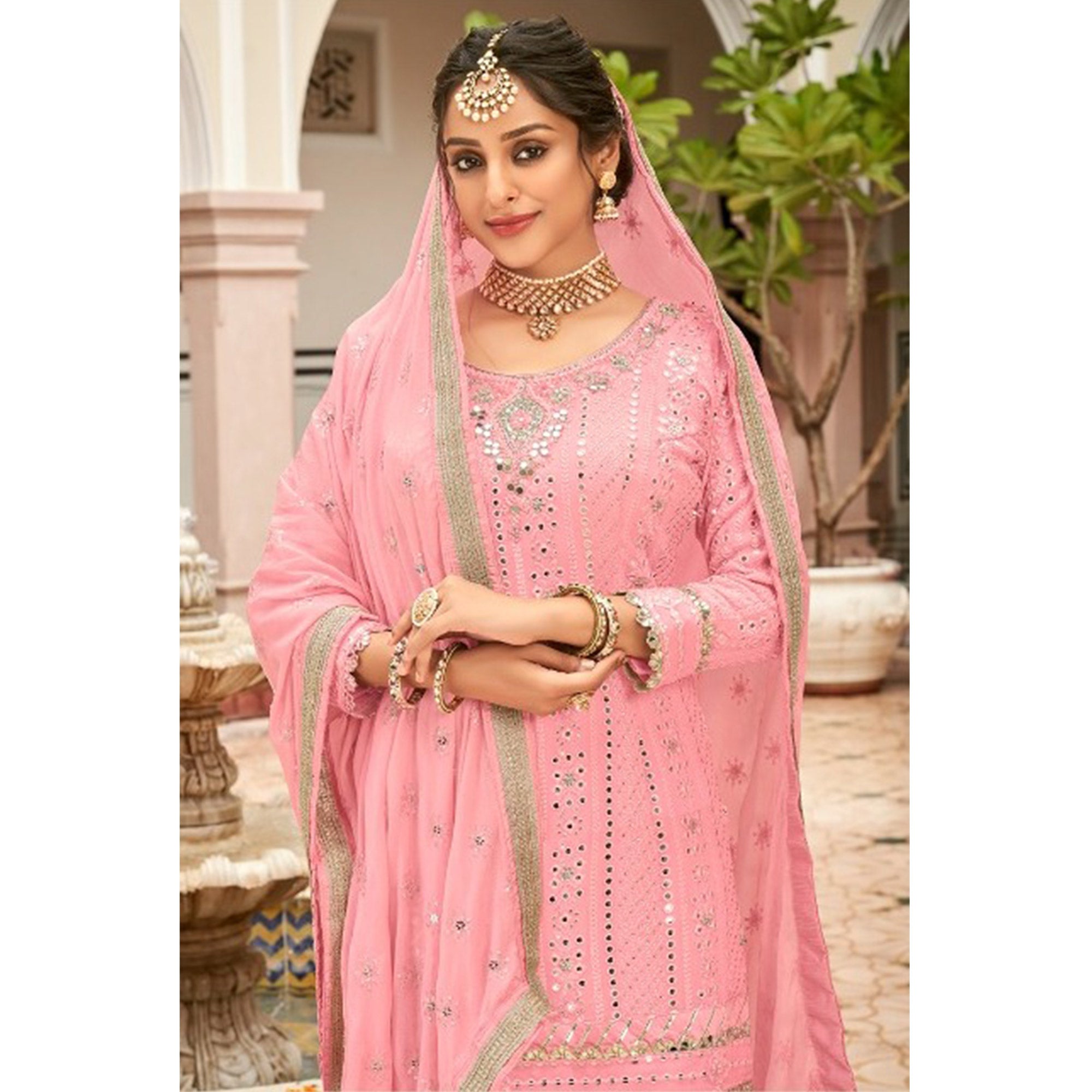 Pink Mirror Work Georgette Sharara Suit