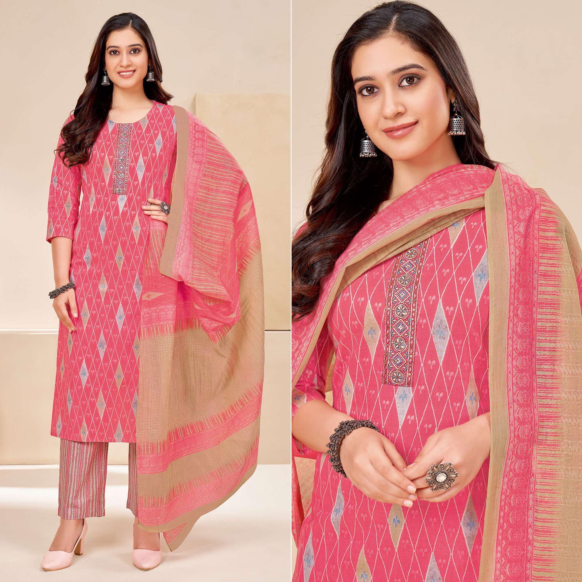 Pink Printed With Tie Embroidered Pure Cotton Suit