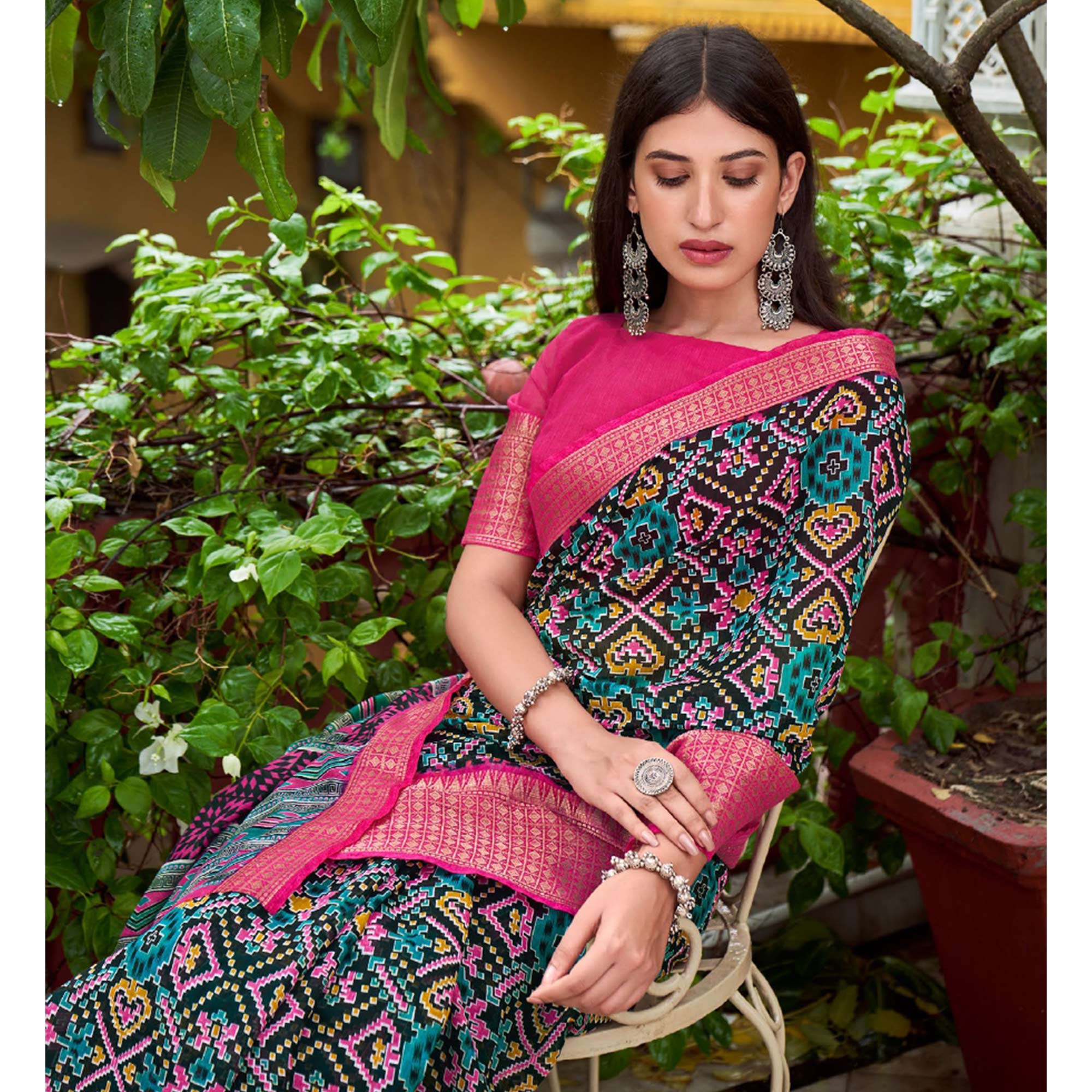 Black Printed With Woven Border Raw Silk Saree