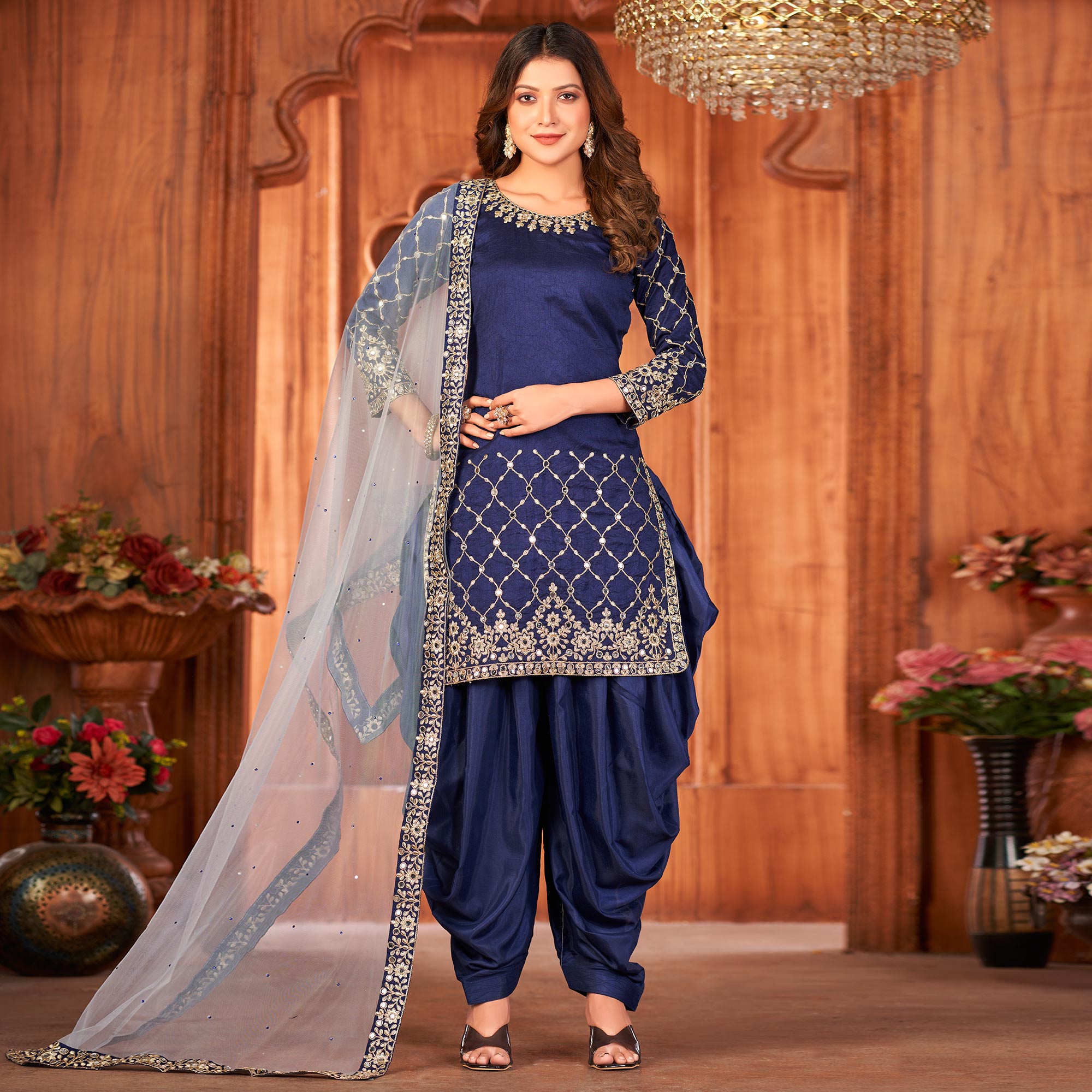 Navy Blue Embroidered Art Silk Patiala Suit