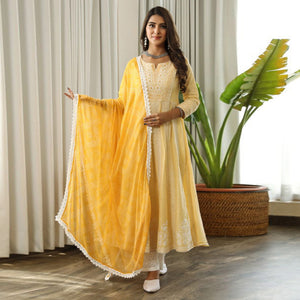 Yellow Floral Embroidered Pure Cotton Anarkali Suit