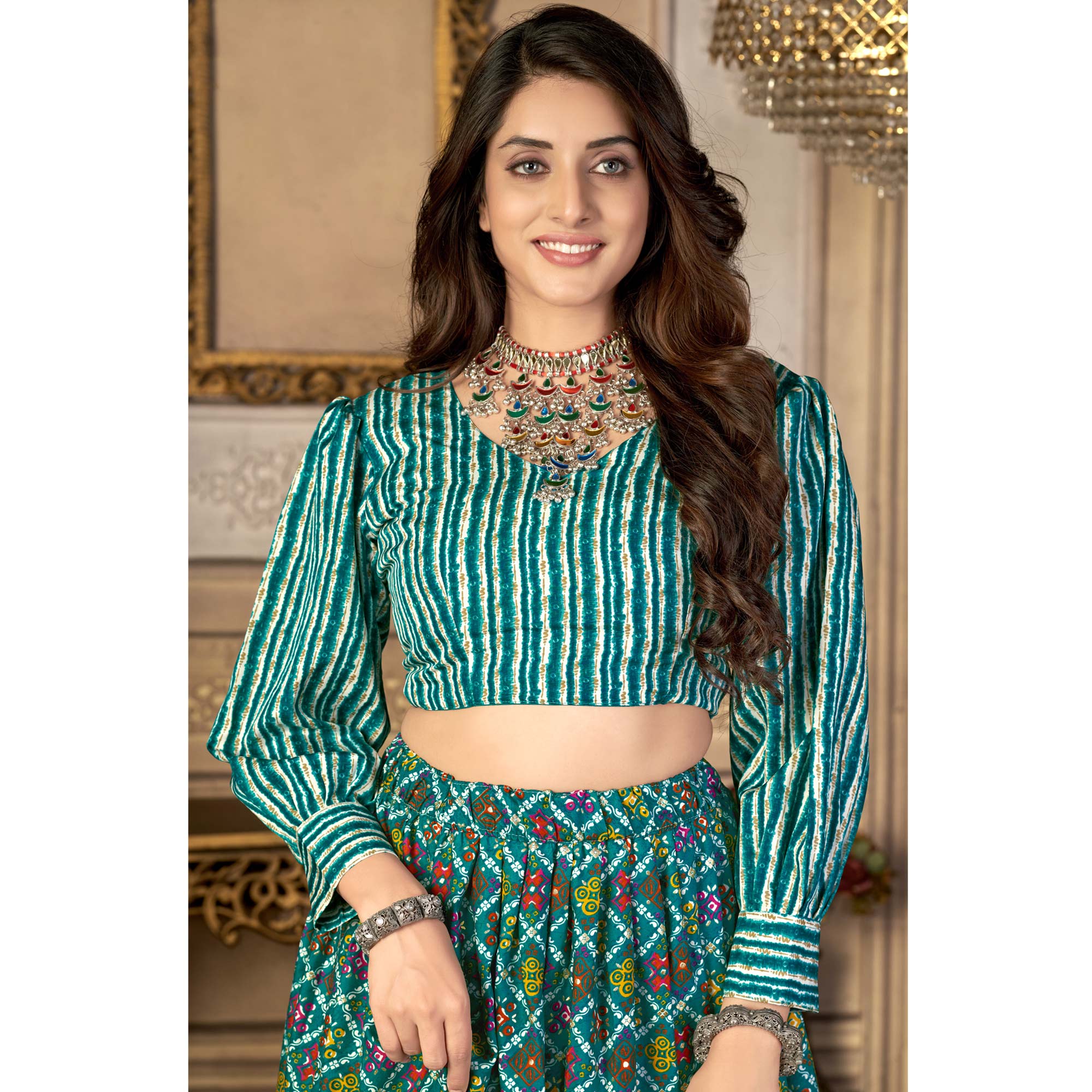 Rama Green Printed Crepe Top Skirt Set