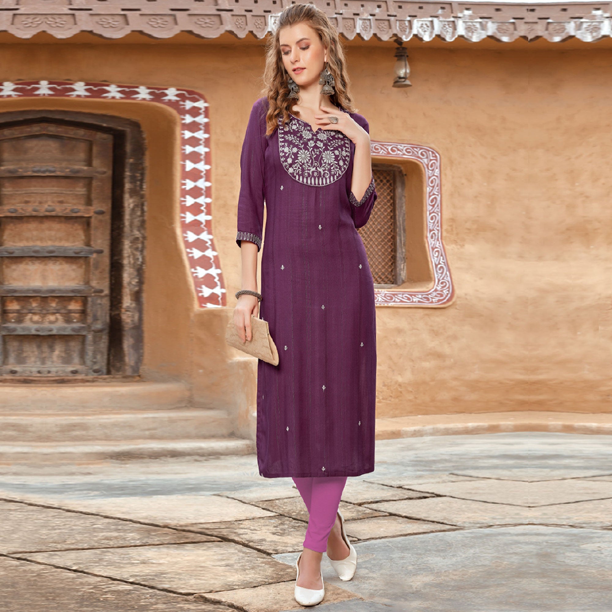 Wine Floral Embroidered Rayon Kurti