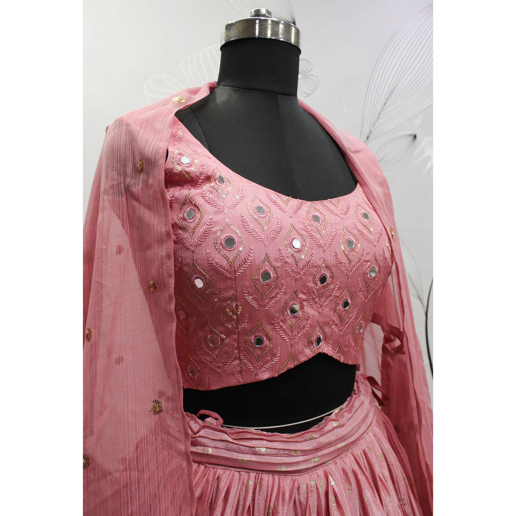 Pink Foil Printed Chiffon Lehenga Choli