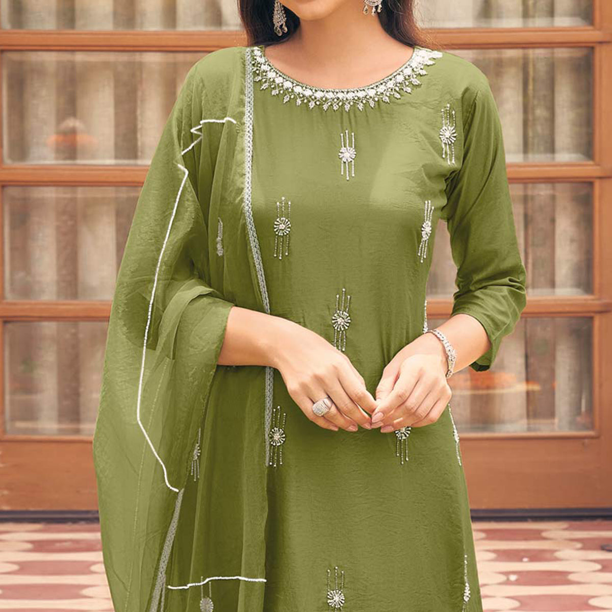 Green Embellished Viscose Salwar Suit