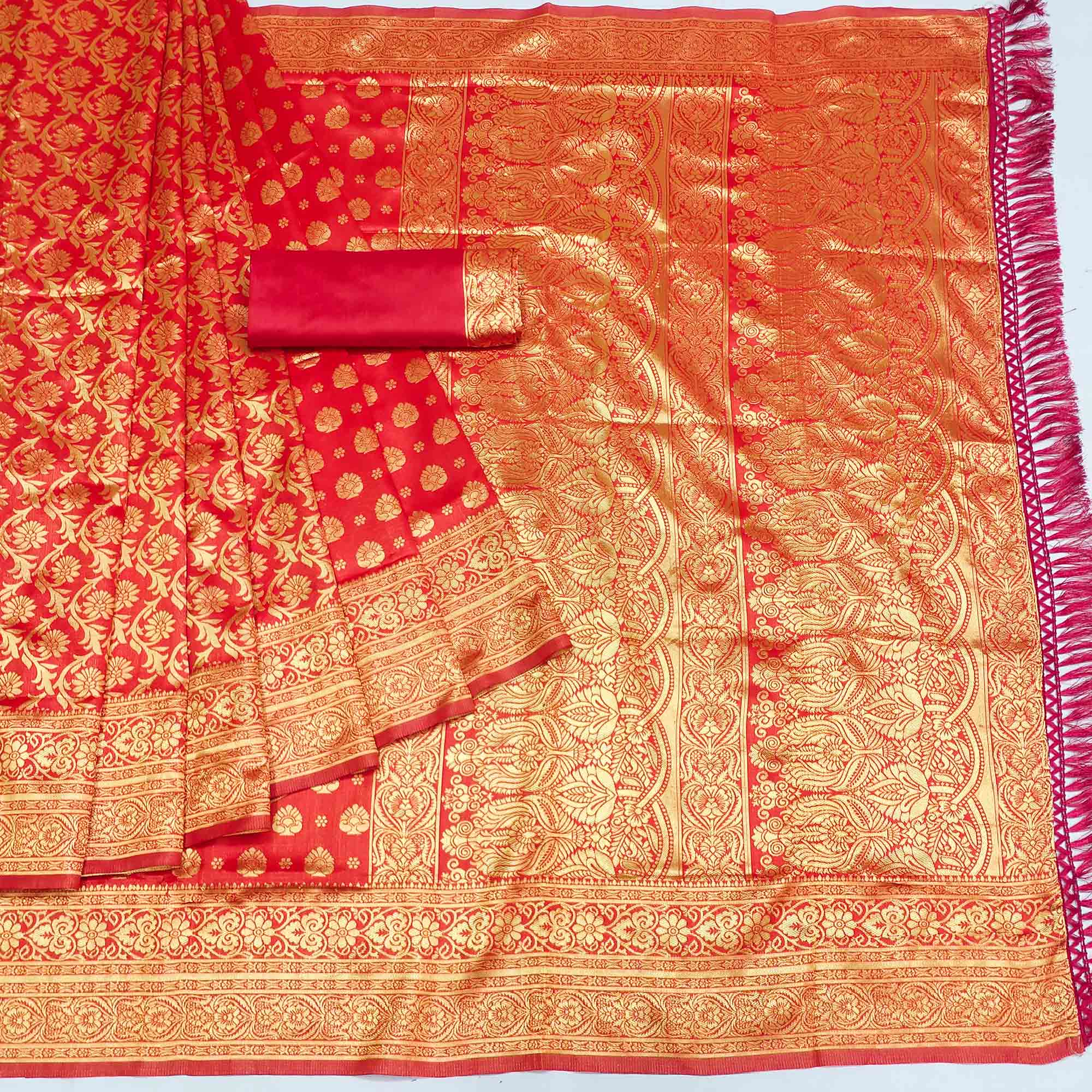 Red Woven Jacquard Saree With Tassels