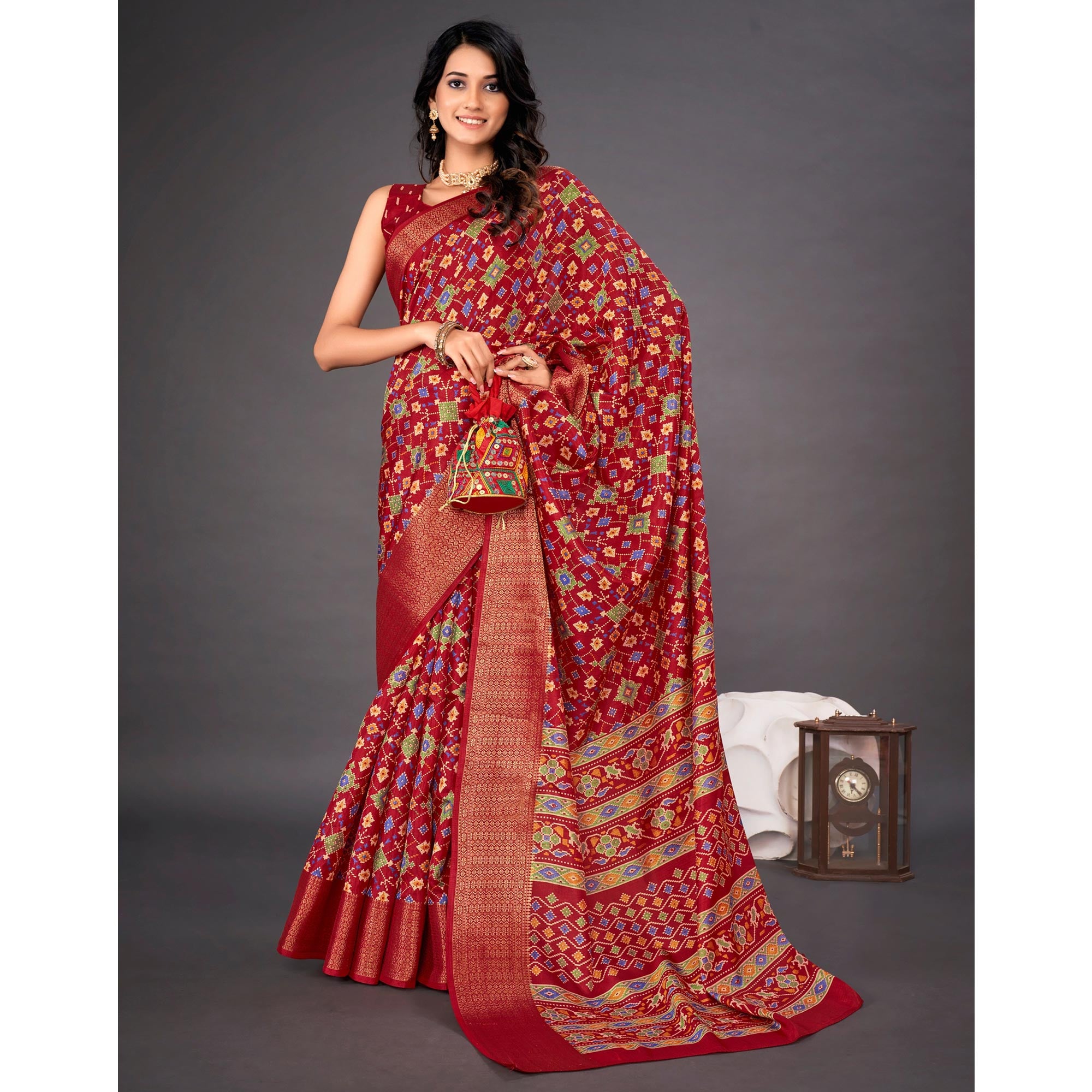 Red Printed Dola Silk Saree