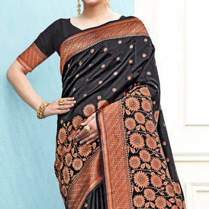 Black Floral Woven Art Silk Saree