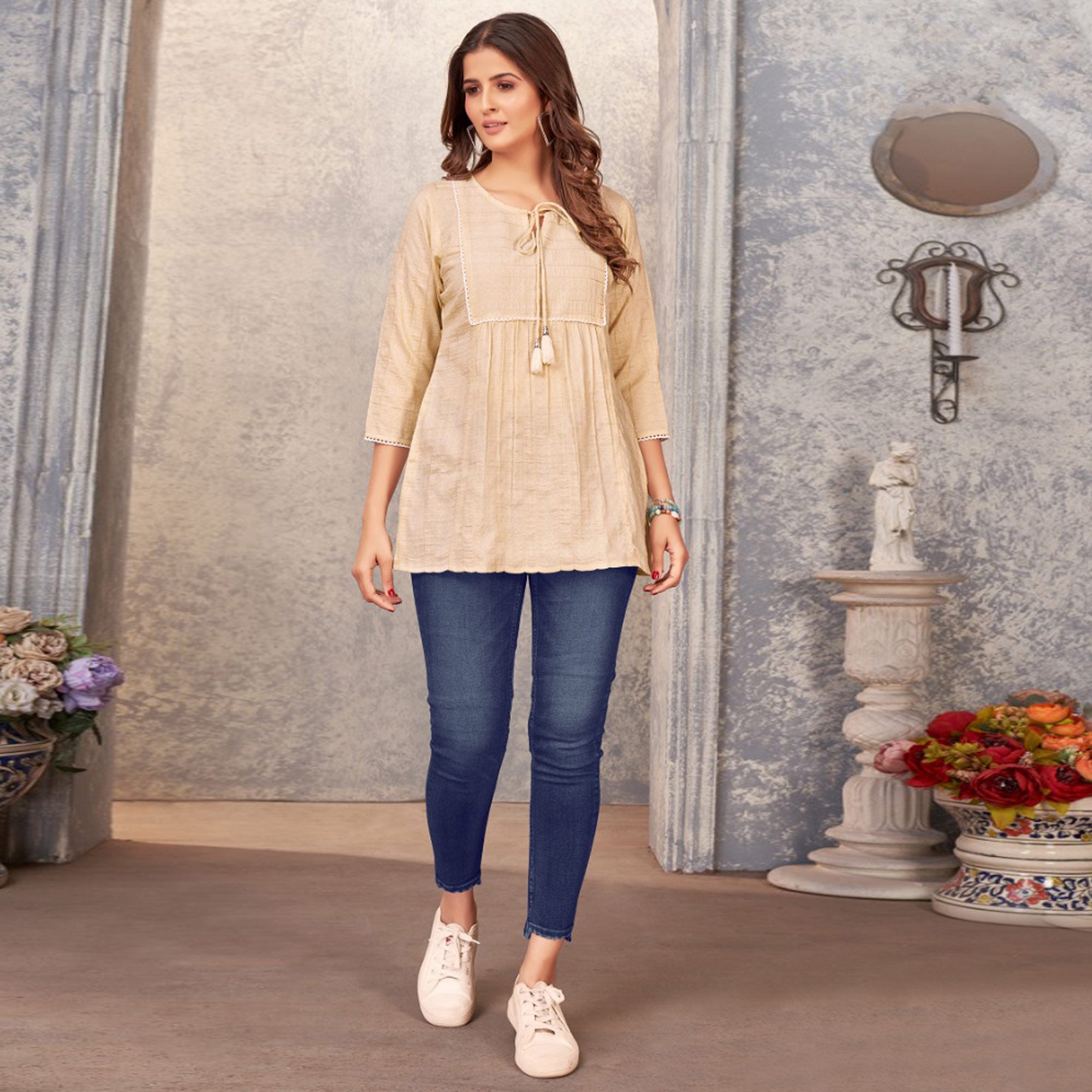 Beige Embroidered Cotton Silk Top