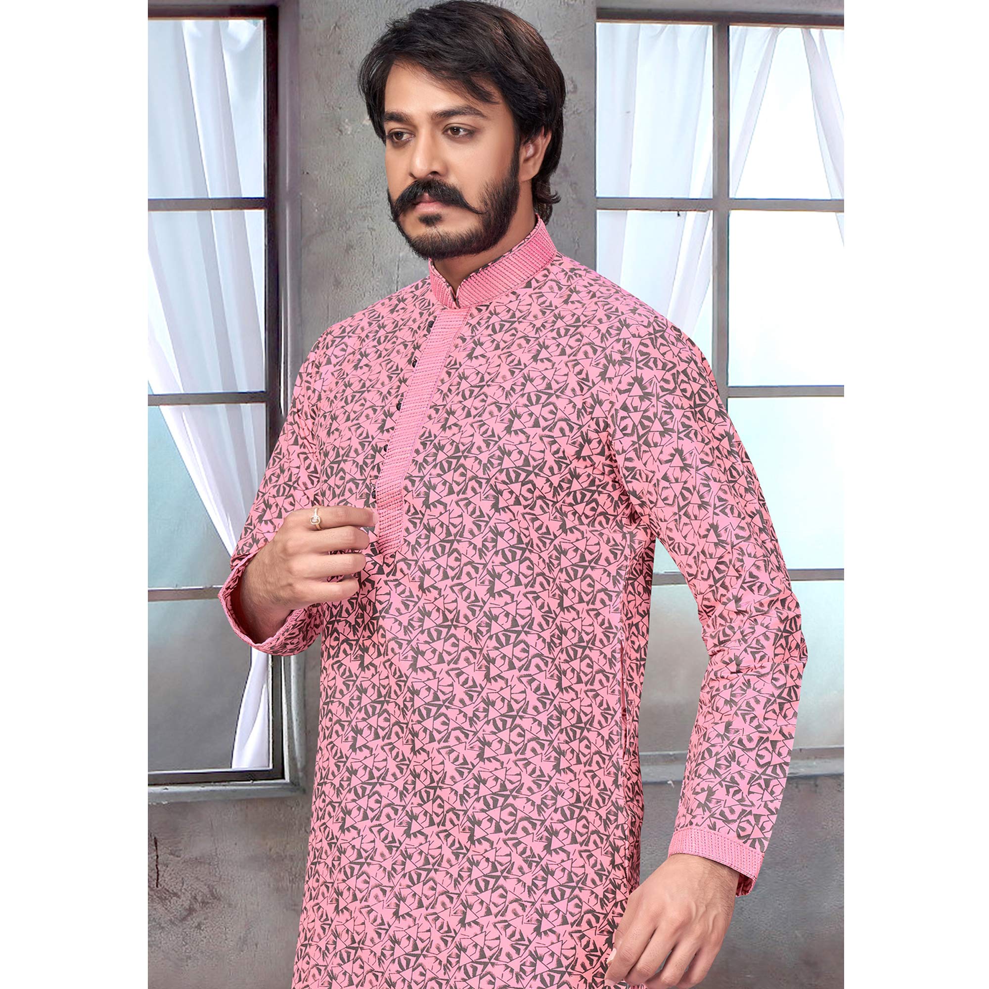 Pink Printed Jacquard Kurta Pyjama Set