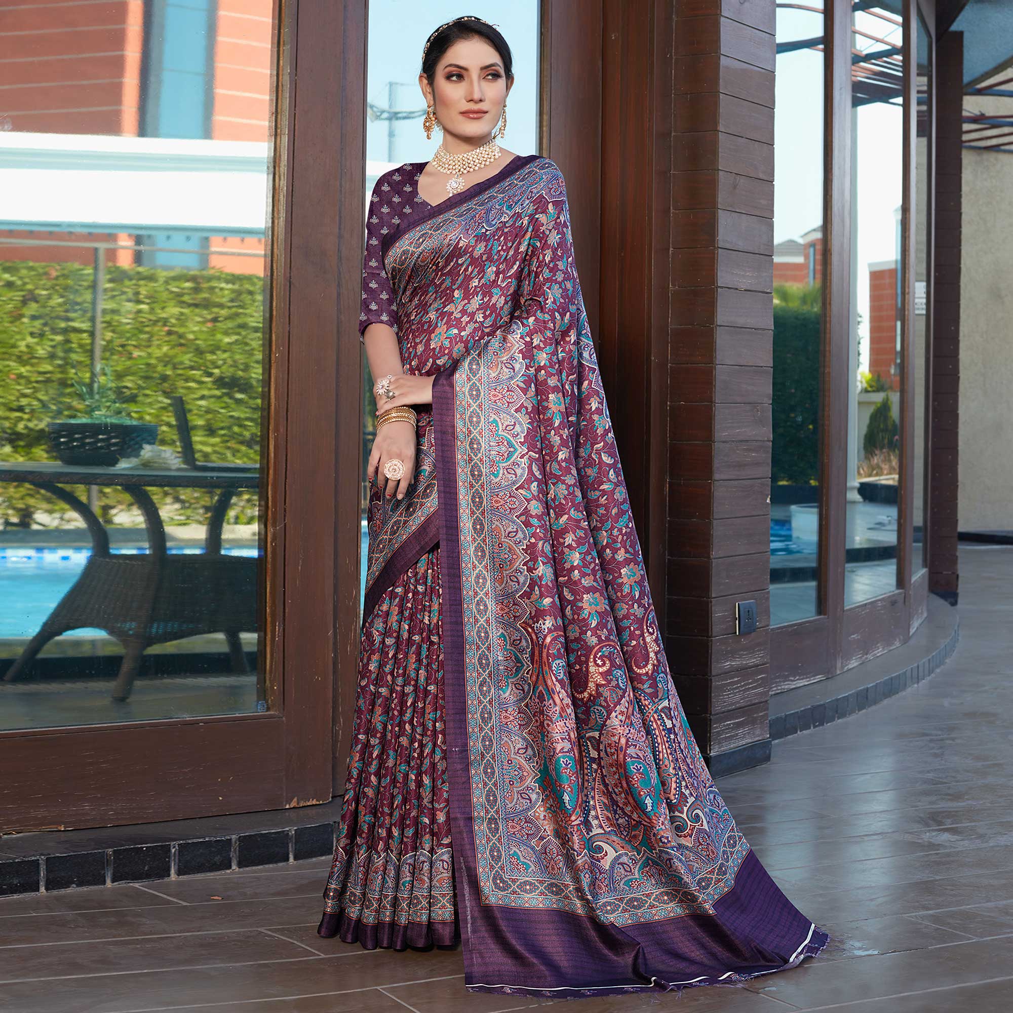 Purple Digital Printed Pashmina Saree