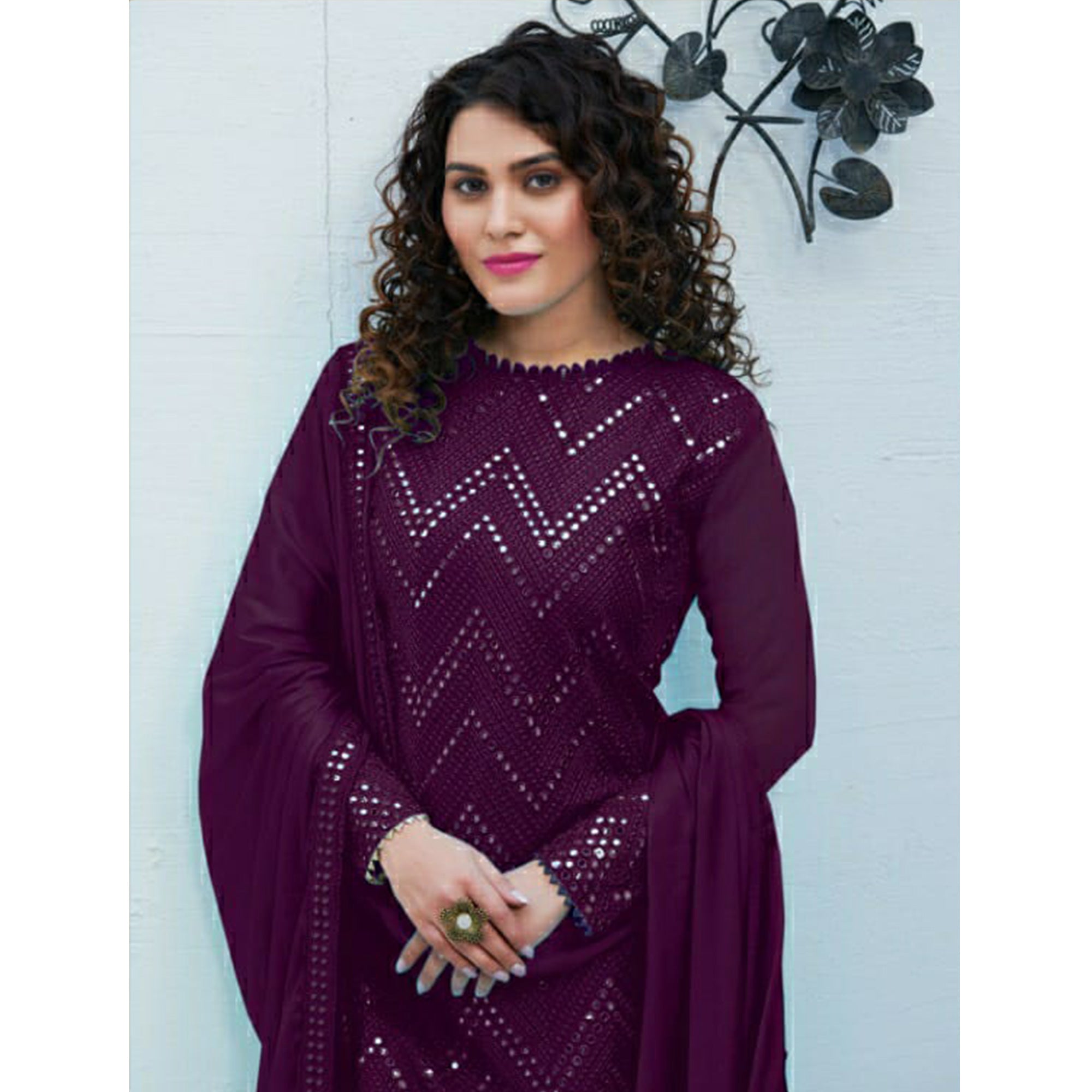 Purple Mirror Embroidered Georgette Suit