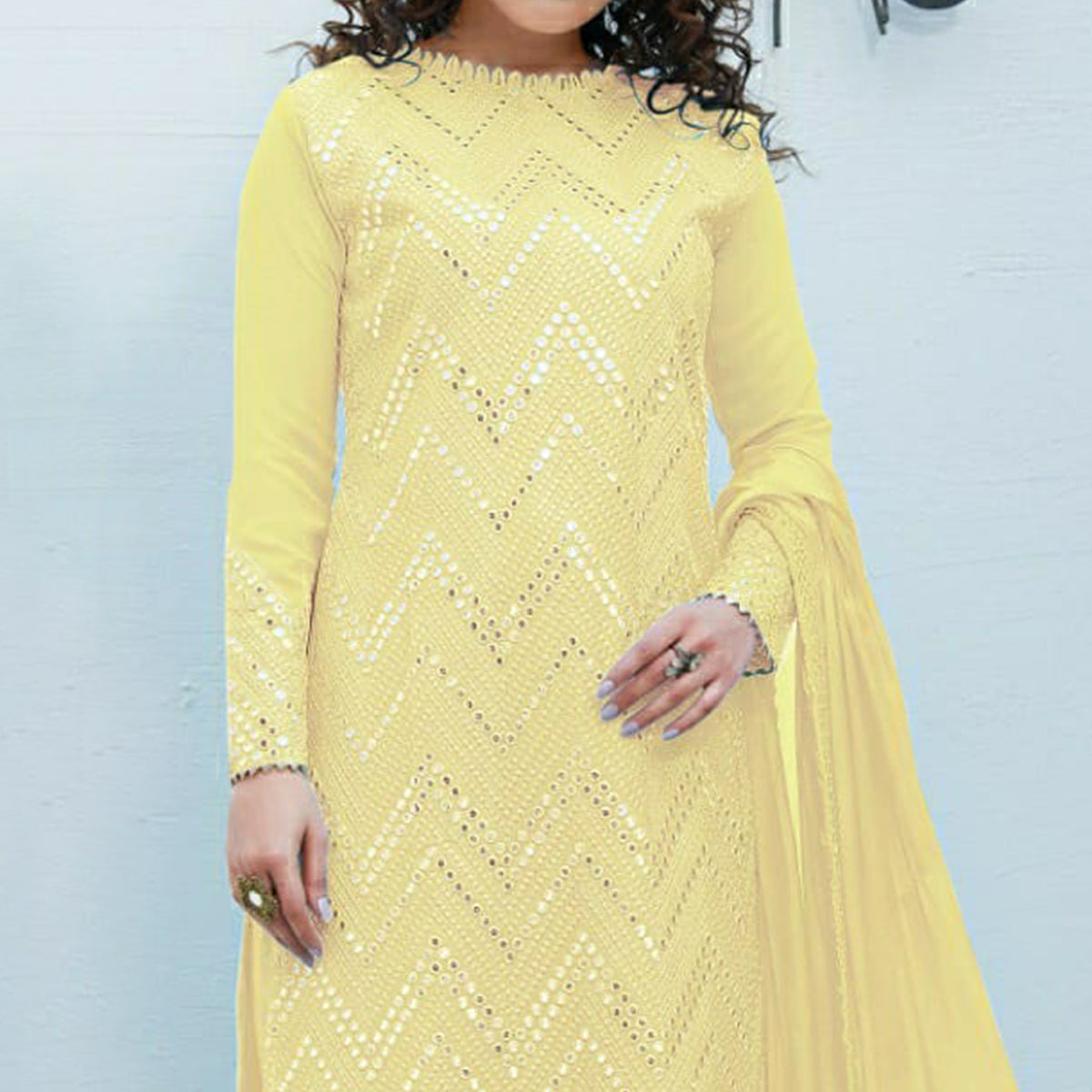 Yellow Mirror Embroidered Georgette Suit