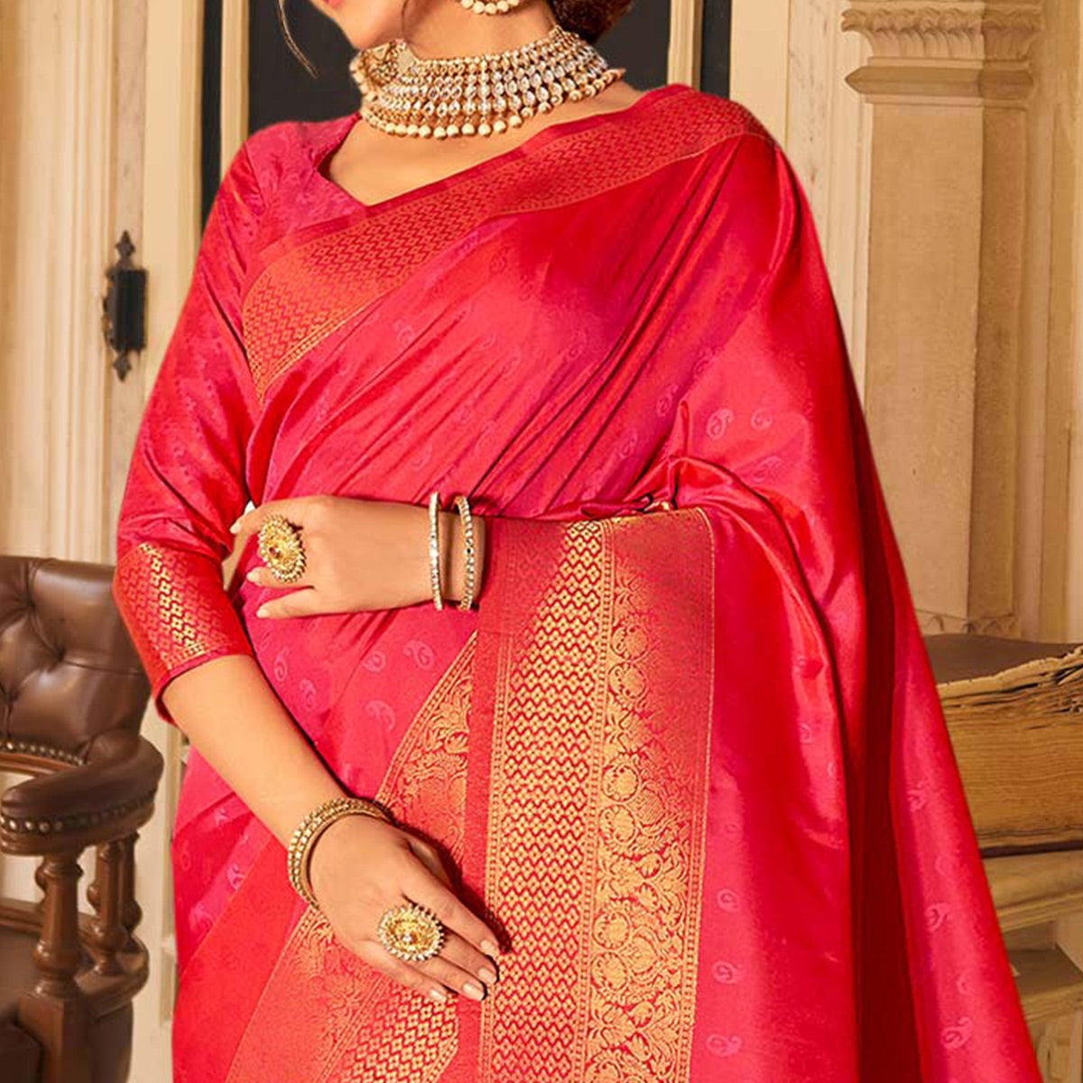 Pink Woven Banarasi Silk Saree