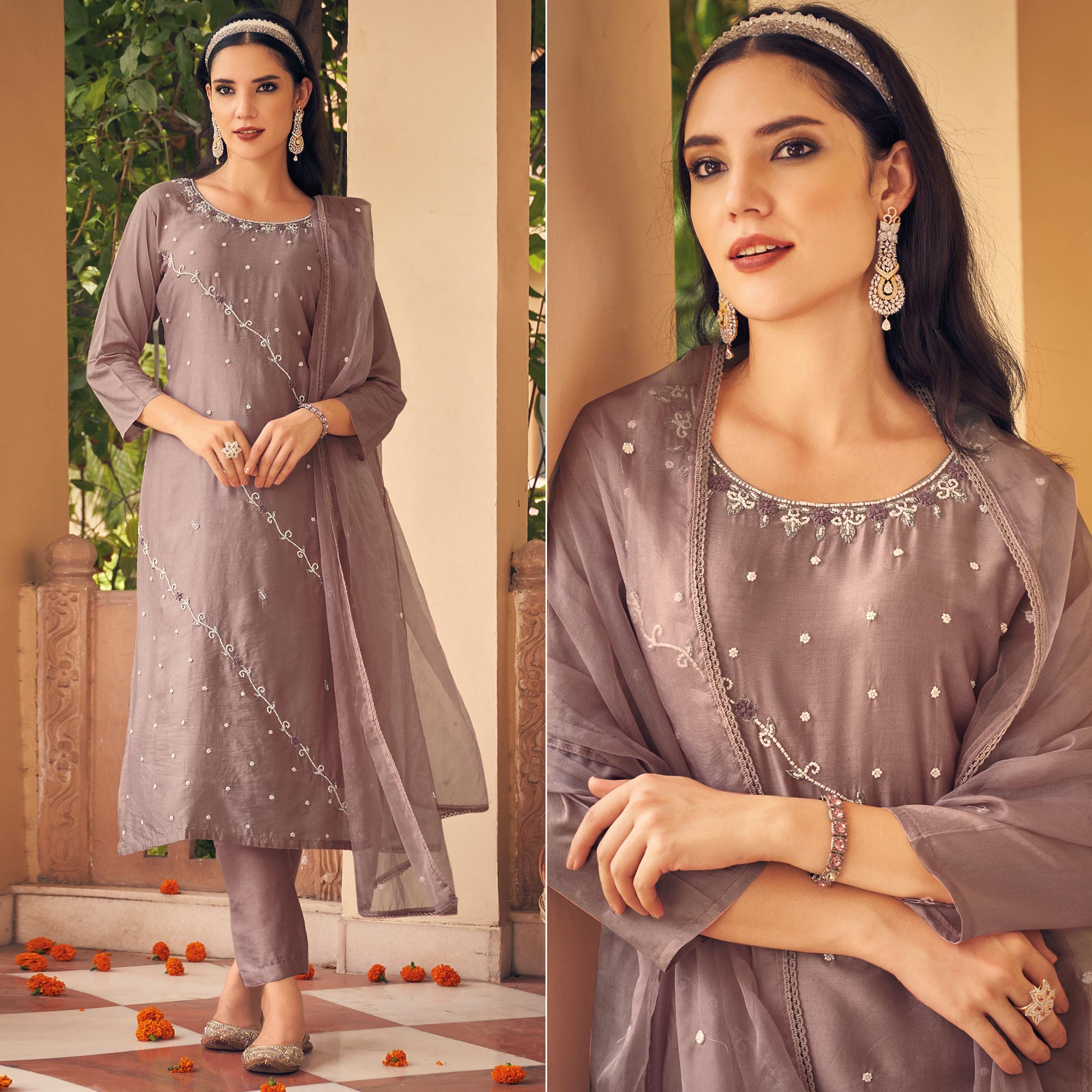 Mauve Embellished Viscose Salwar Suit