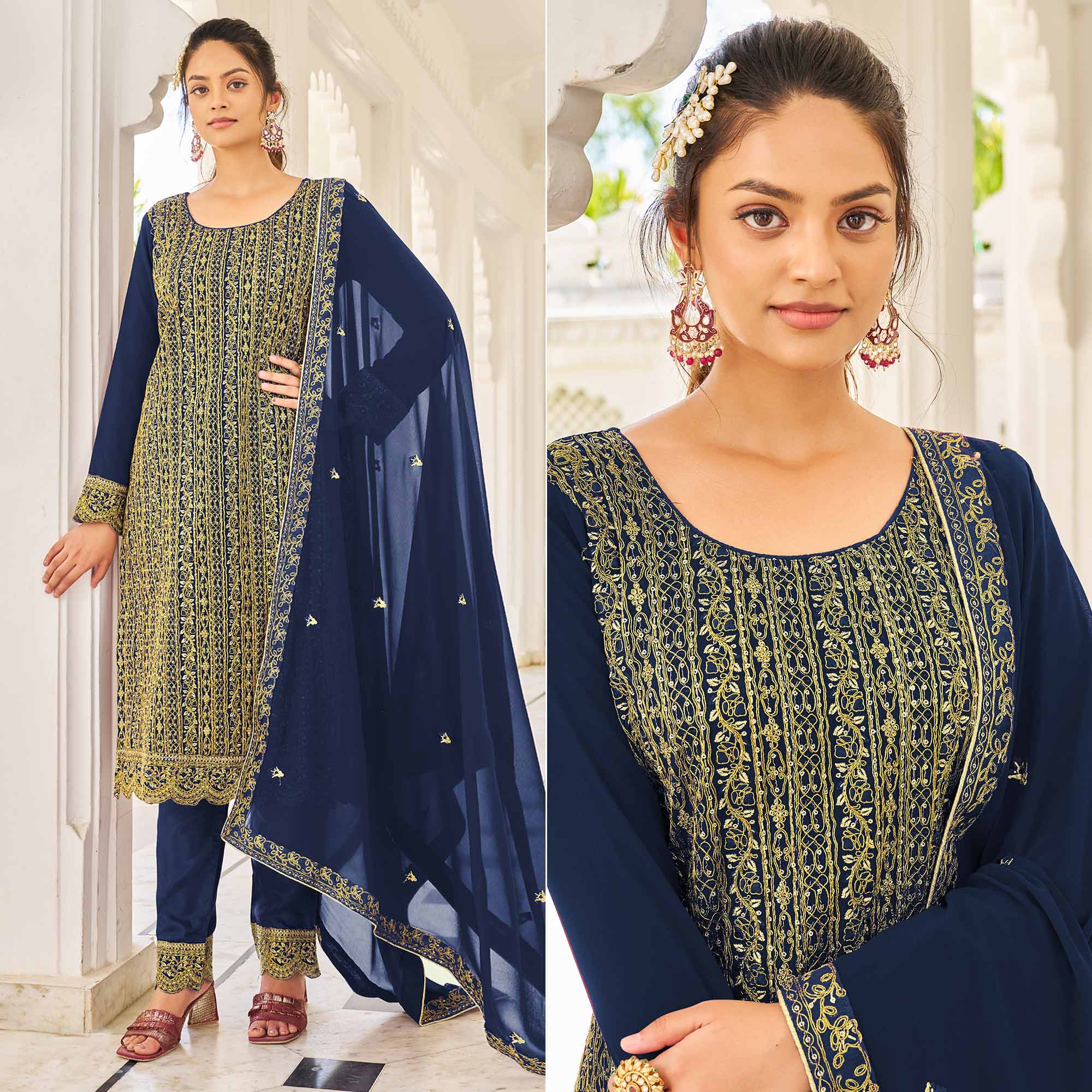Navy Blue Sequins Embroidered Georgette Suit