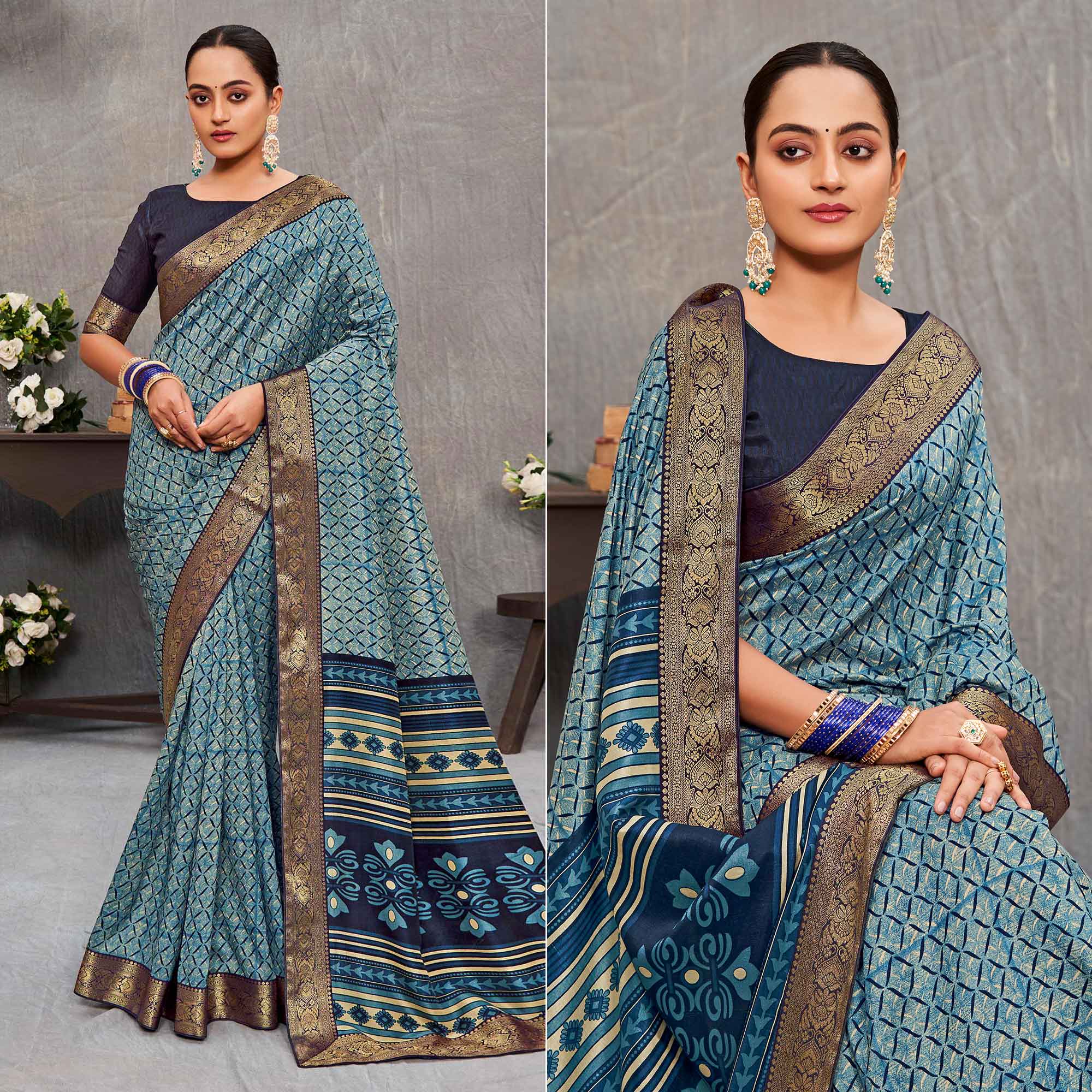 Multicolor Printed With lace Border Tussar Silk Saree