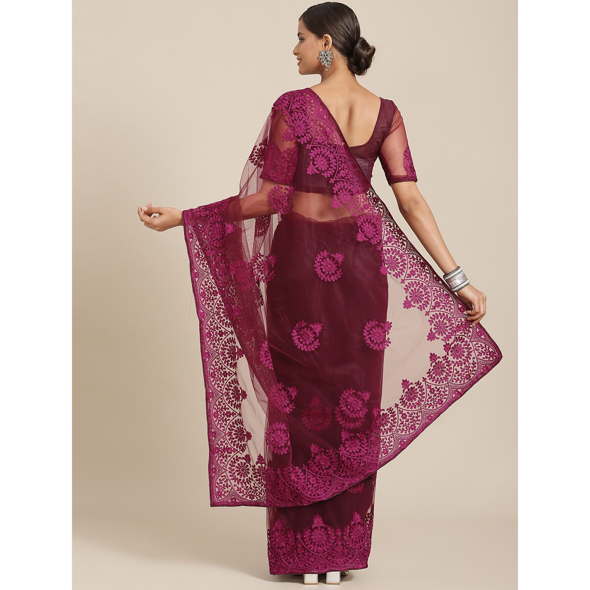 Wine Floral Embroidered Net Saree