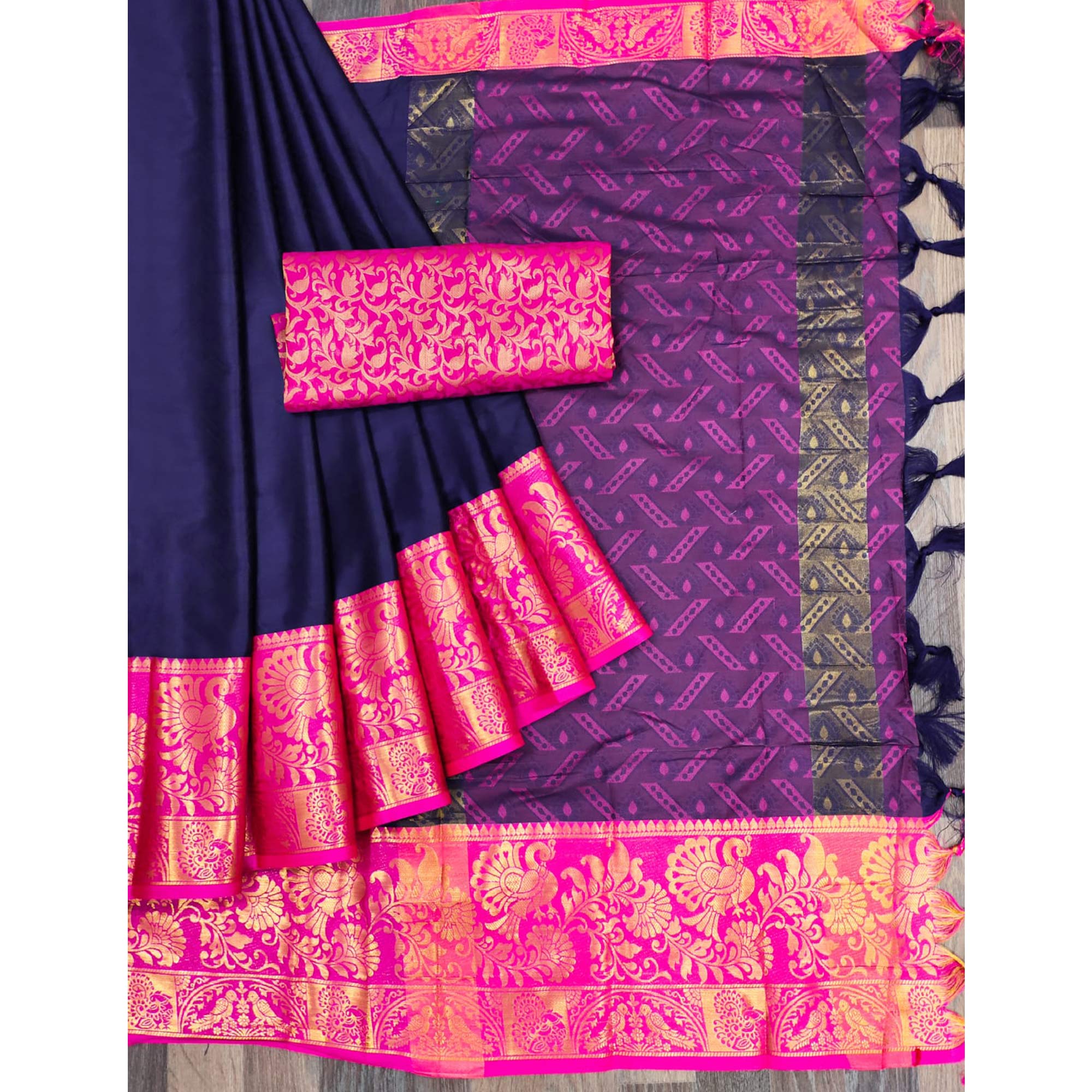 Navy Blue Woven Cotton Silk Saree With Tassels