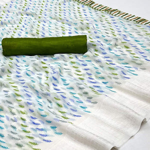 White Printed With Checks Border Georgette Saree