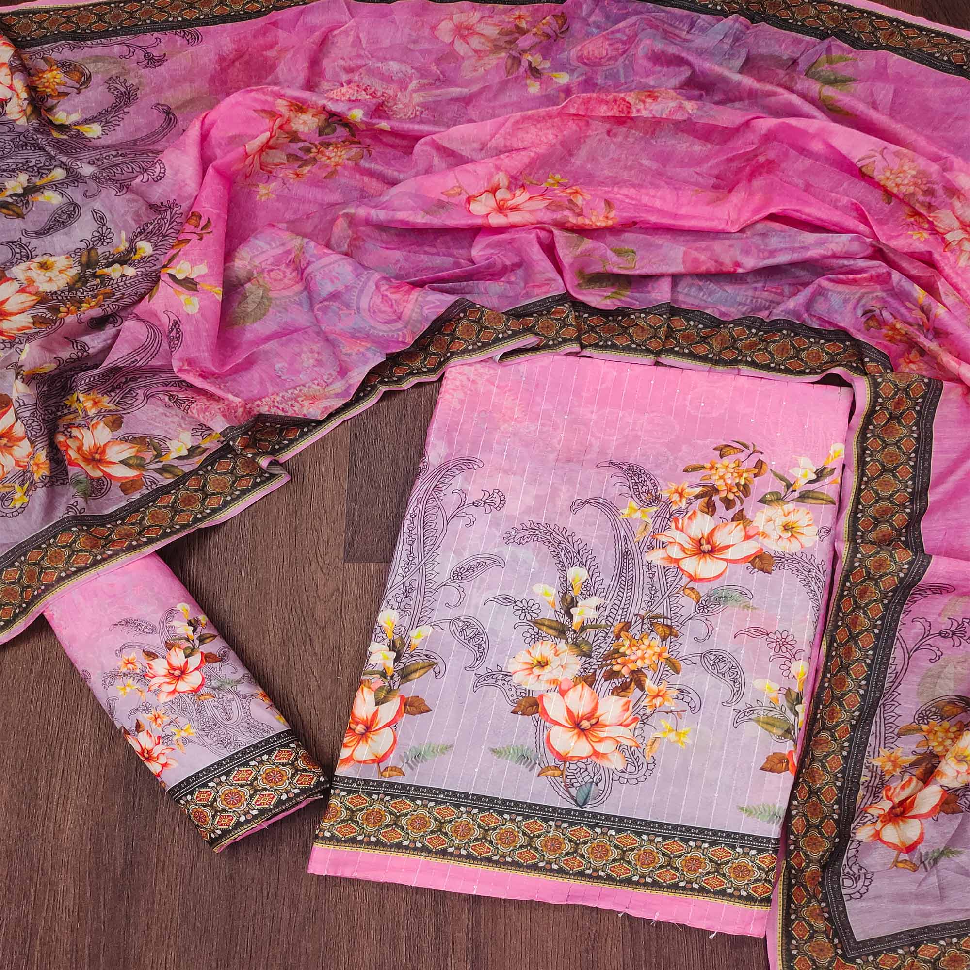 Pink Floral Digital Printed Muslin Dress Material