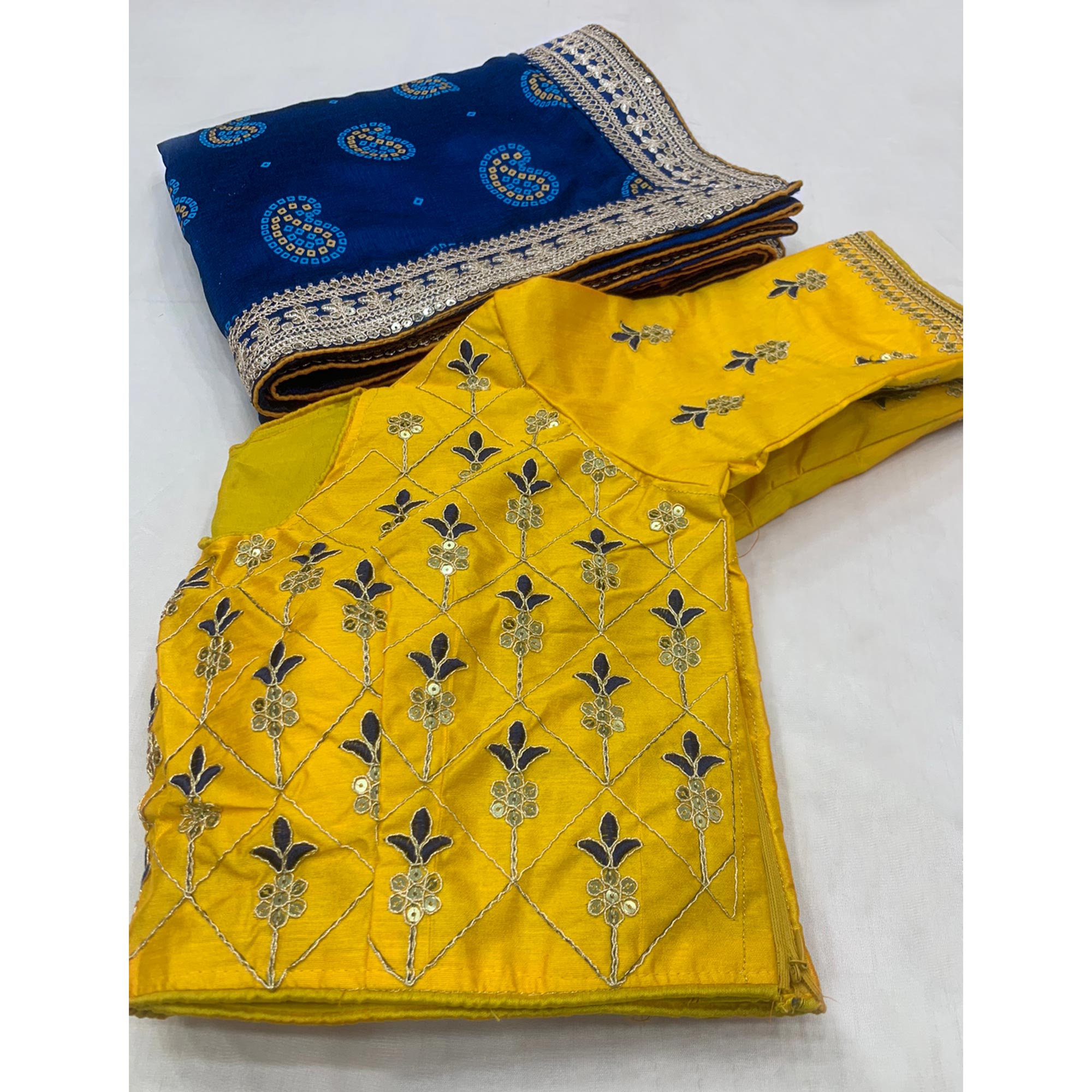 Blue Bandhani Printed With Sequins Vichitra Silk Saree