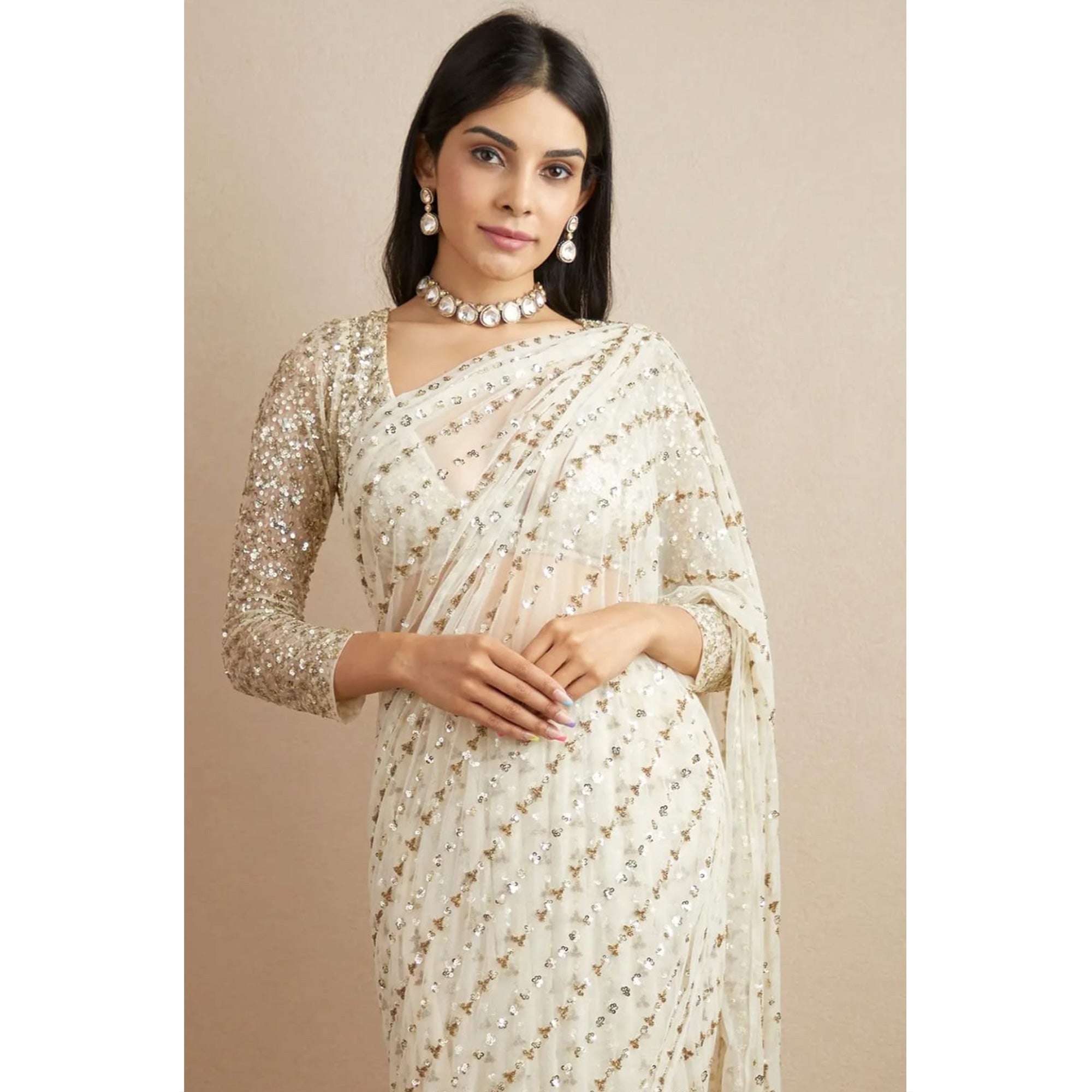 Offwhite Sequins Work Georgette Saree