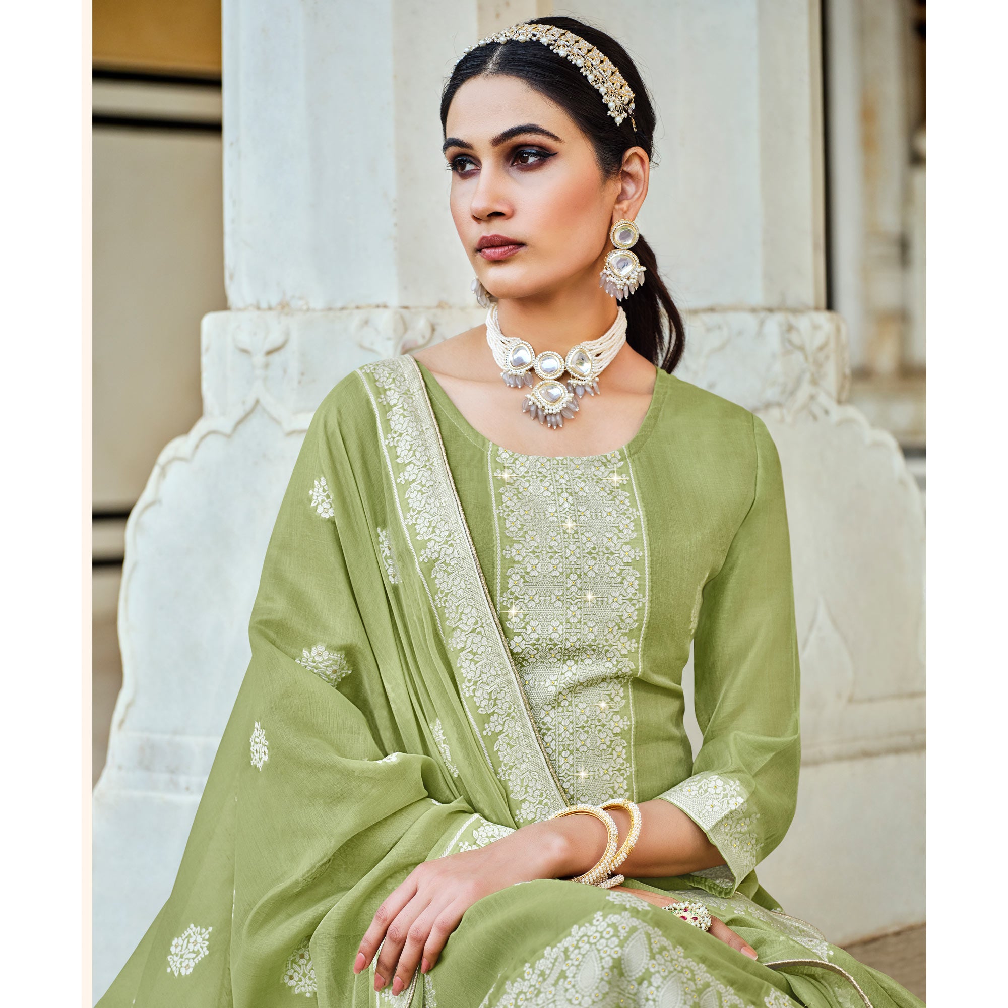 Green Woven Pure Cotton Suit