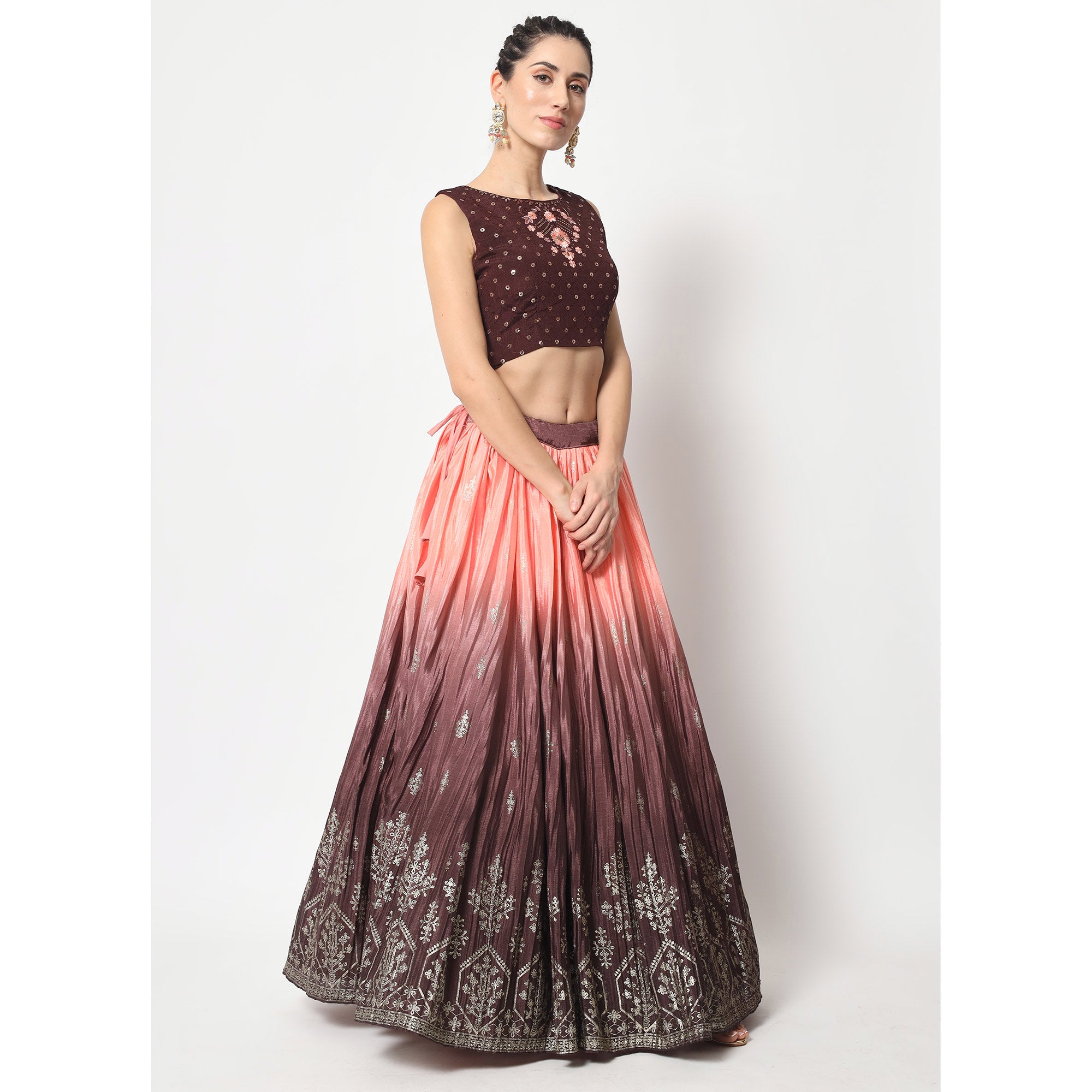 Coffee & Peach Foil Printed Chiffon Lehenga Choli