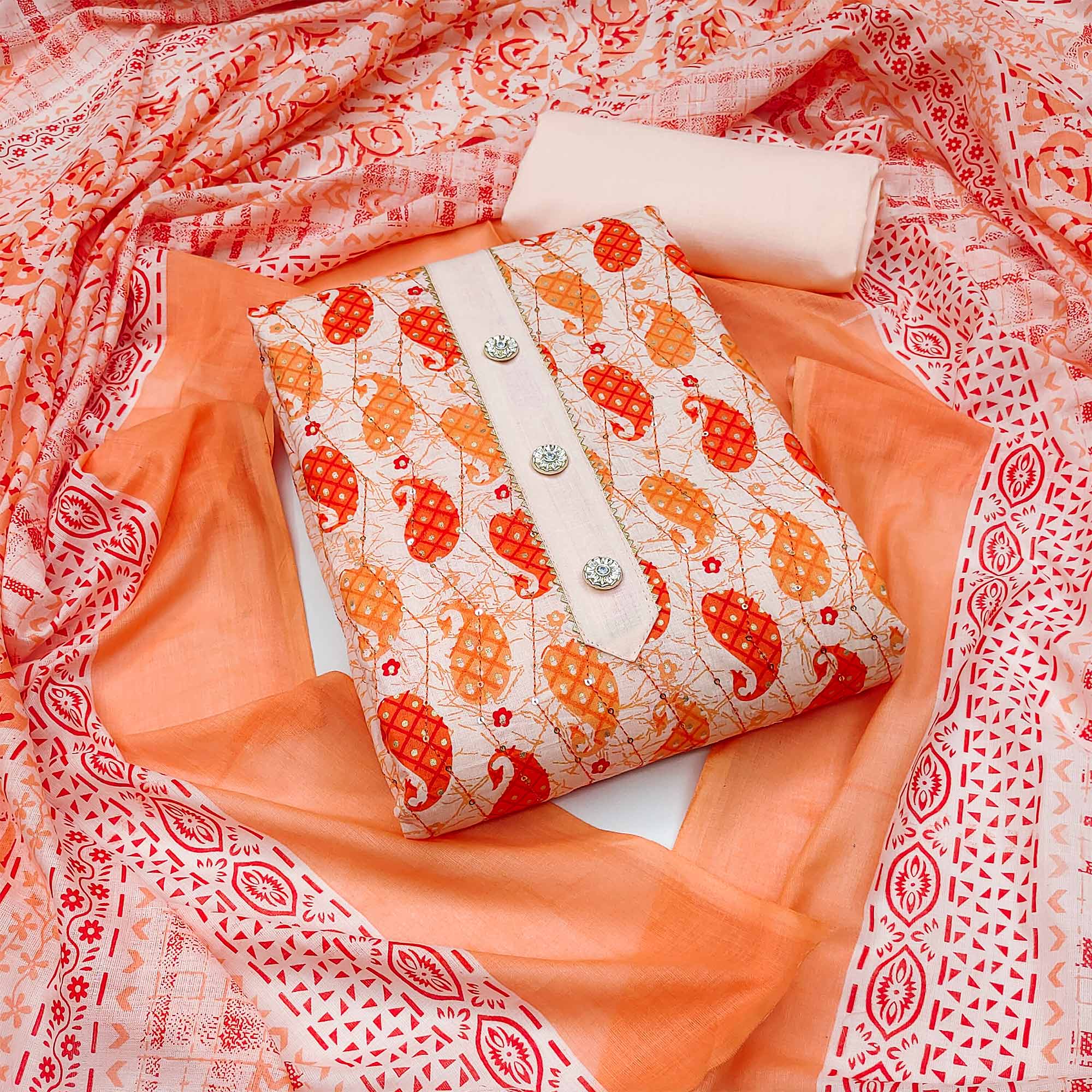 Peach Printed Pure Cotton Dress Material