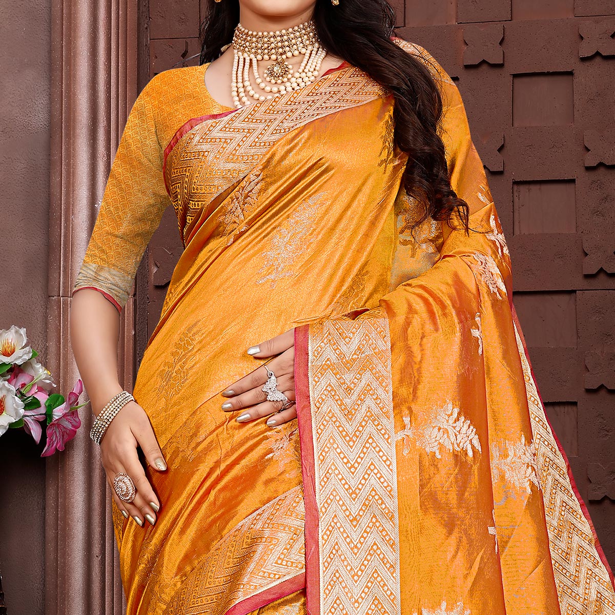 Mustard Floral Woven Organza Saree