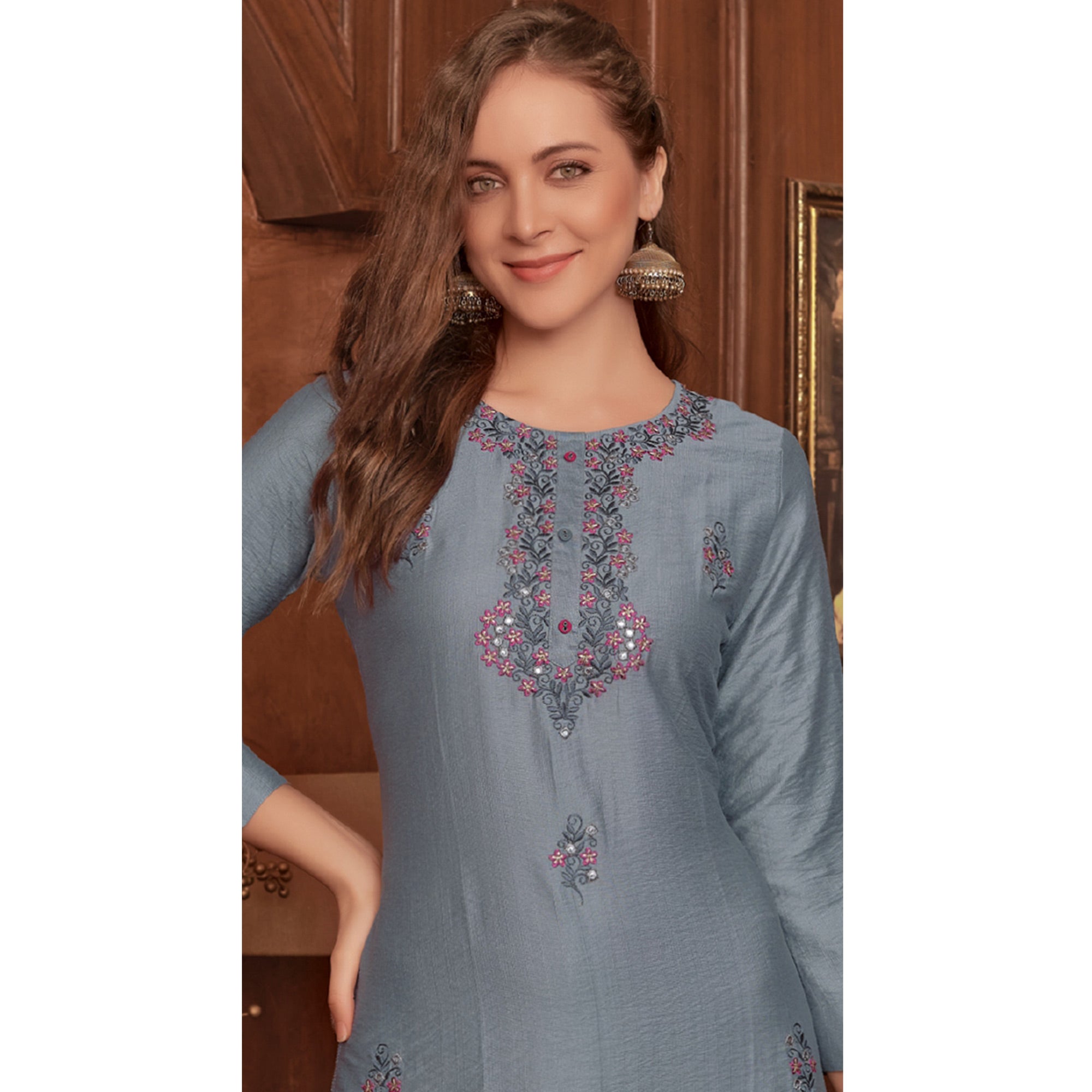 Grey Floral Embroidered Rayon Kurti