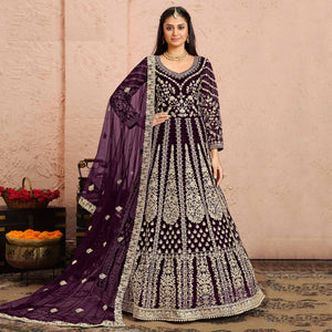 Purple Floral Embroidered Net Gown