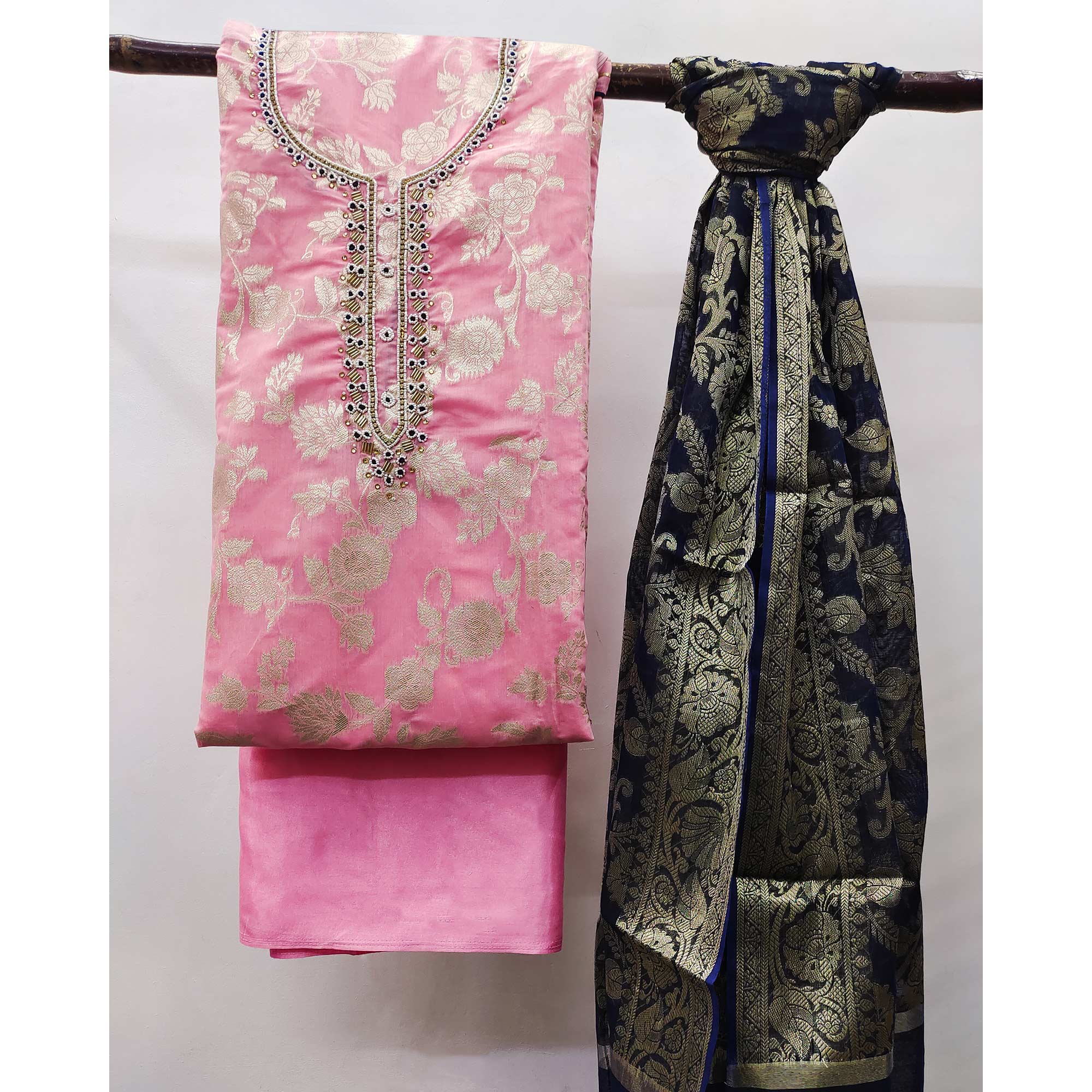 Pink Floral Woven With Handwork Banarasi Silk Dress Material