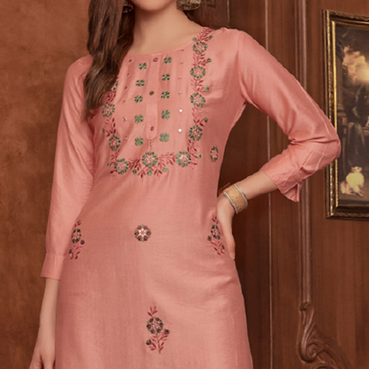 Peach Floral Embroidered Rayon Kurti