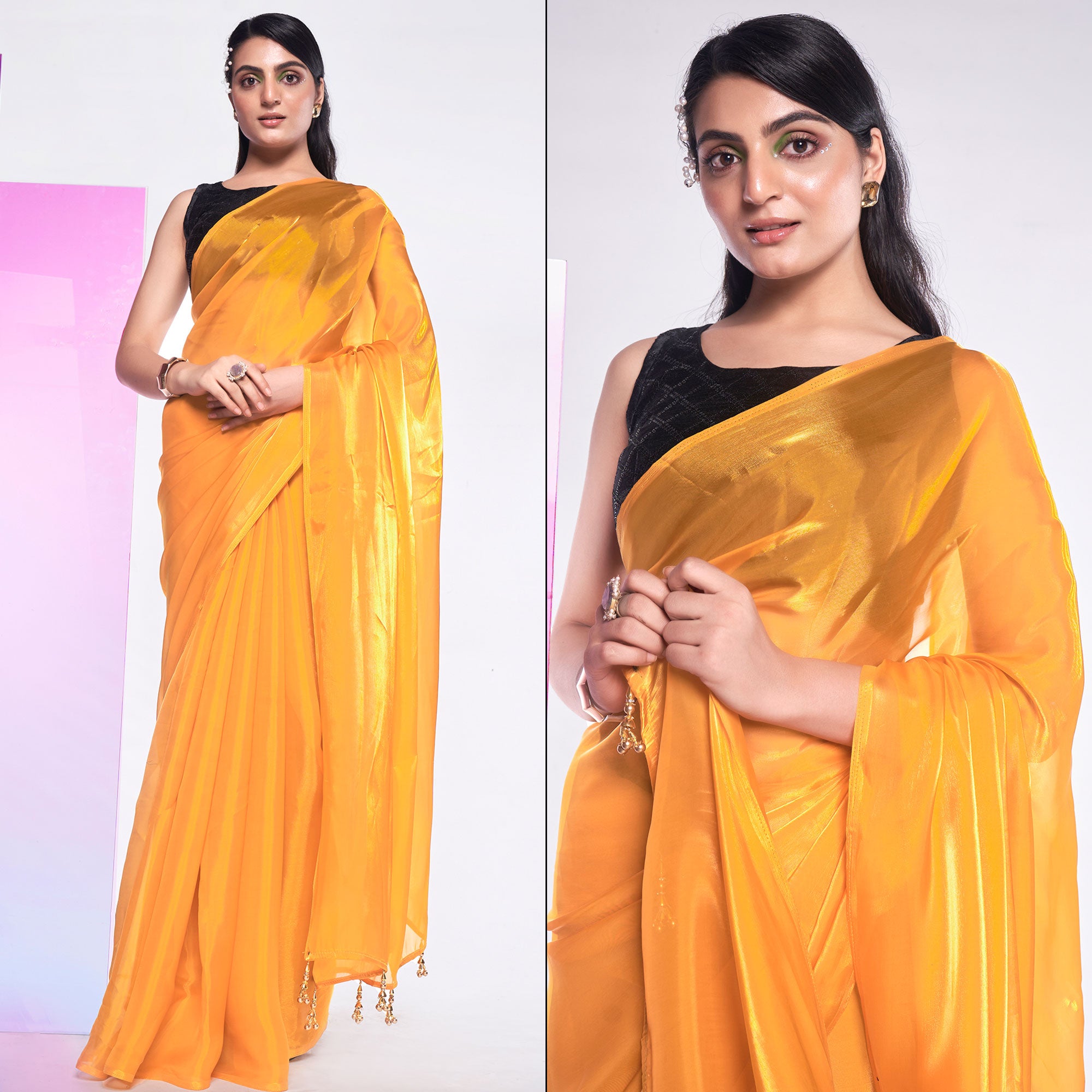 Mustard Solid Organza Saree With Tassels