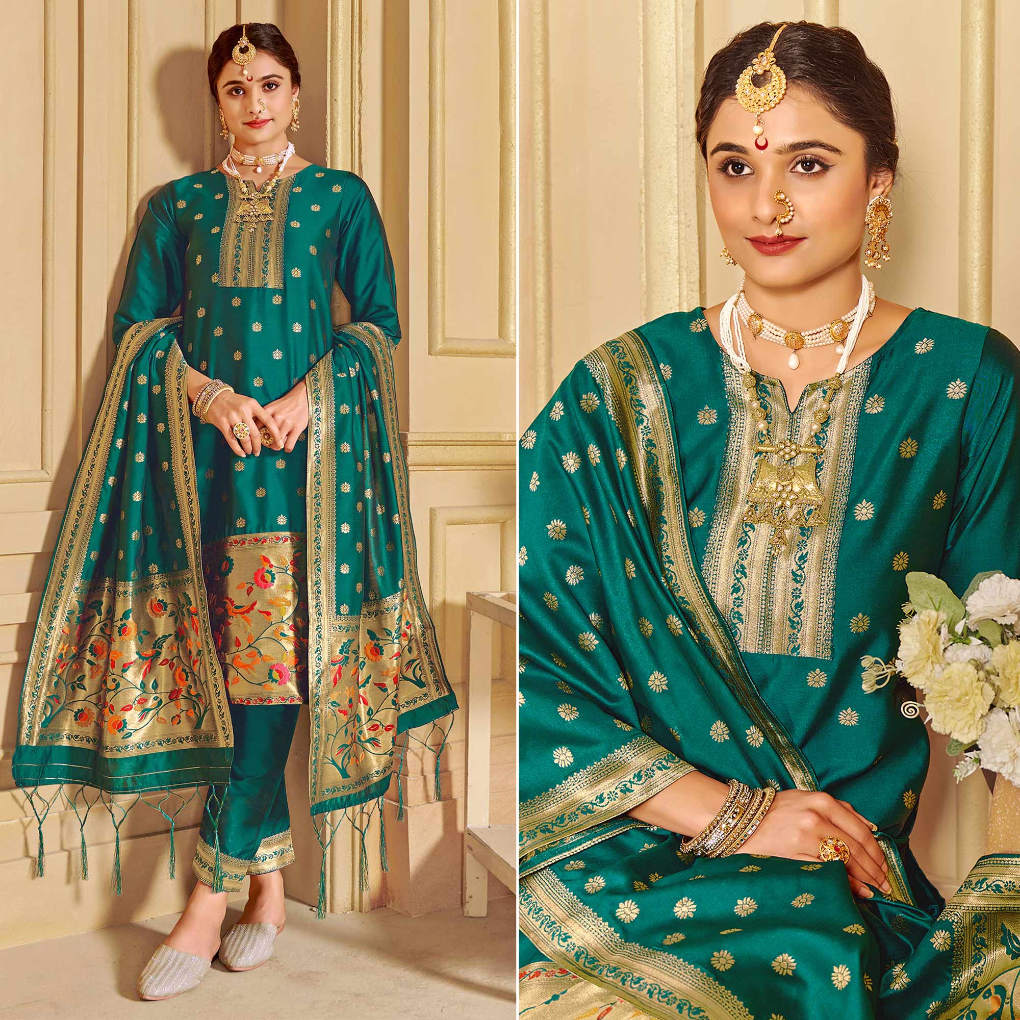 Green Floral Woven Tapetta Silk Salwar Suit