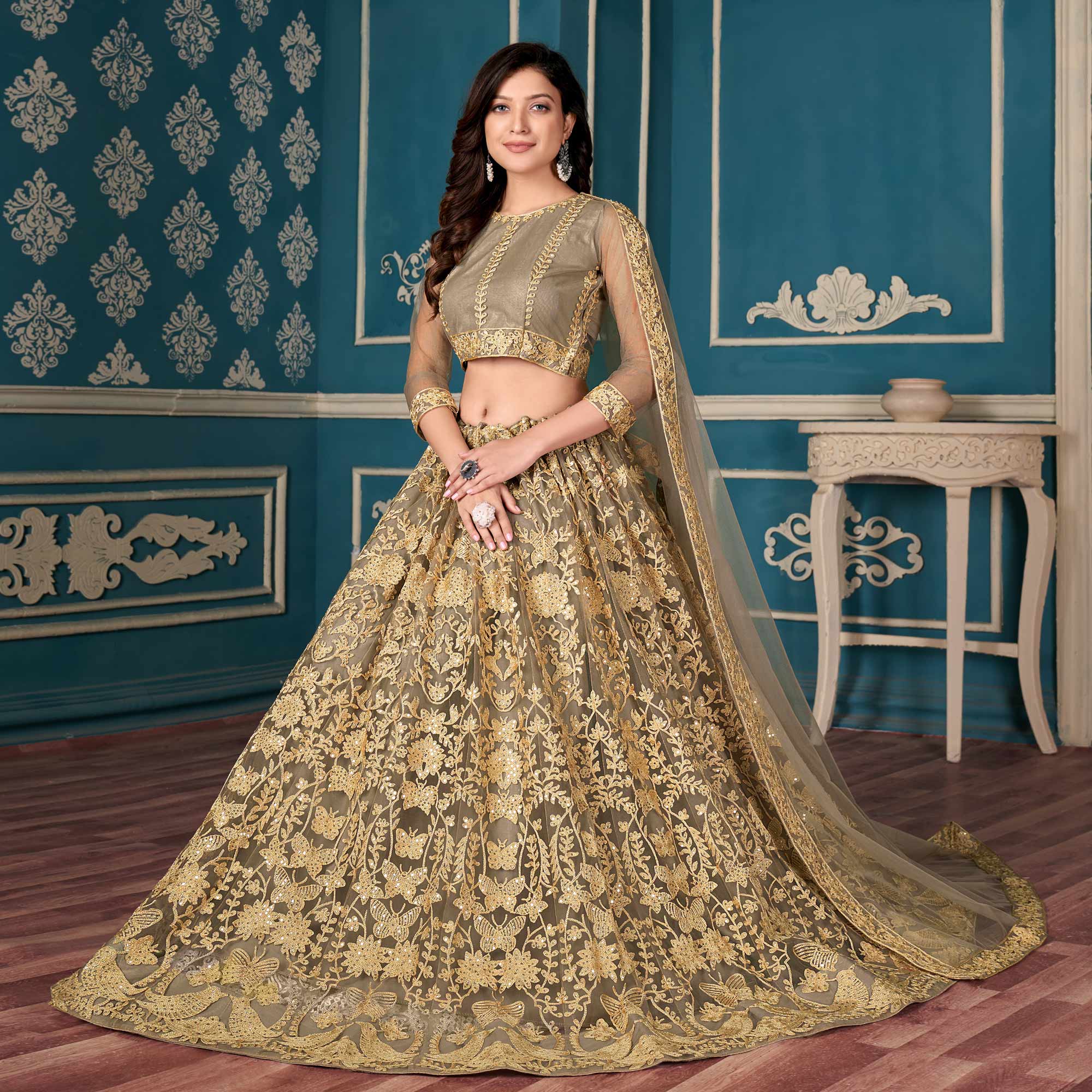 Brown Sequins Embroidered Netted Lehenga Choli