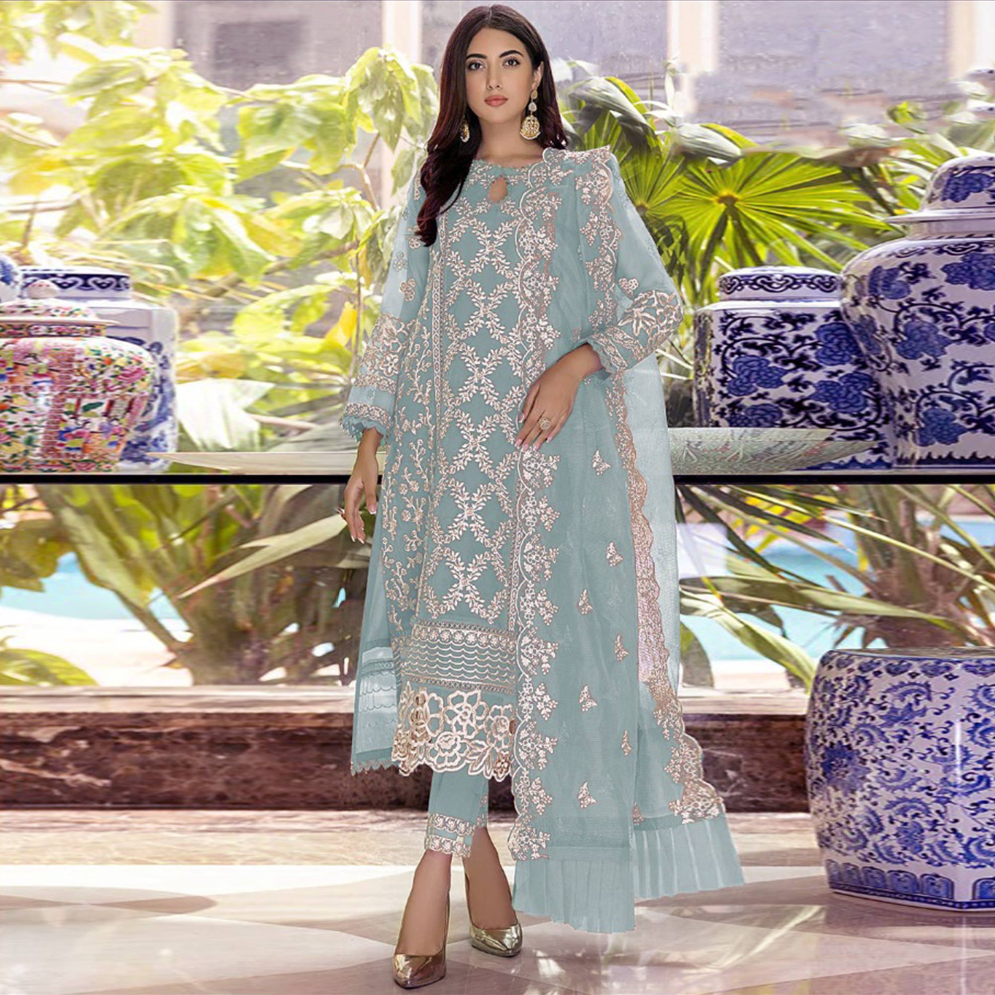 Blue Floral Embroidered Georgette Salwar Suit