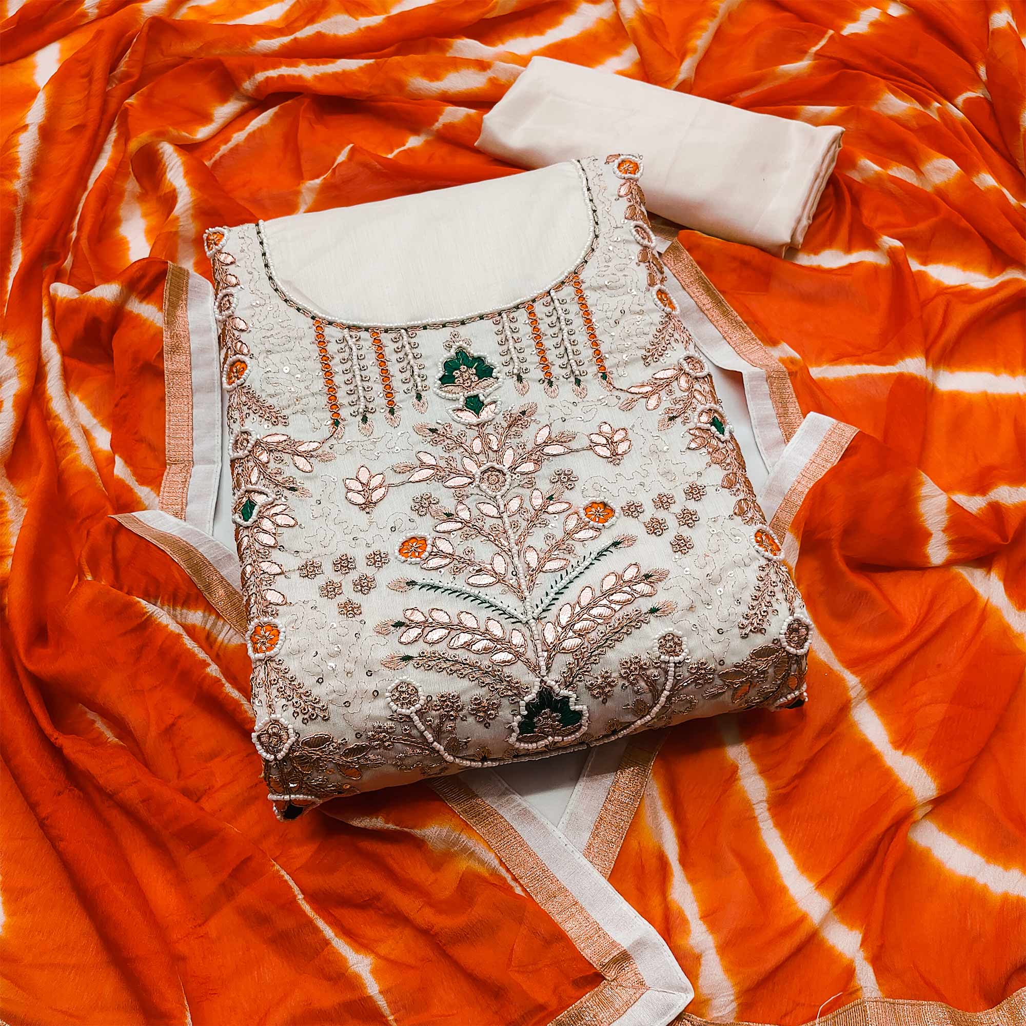 Offwhite Embroidered Chanderi Dress Material