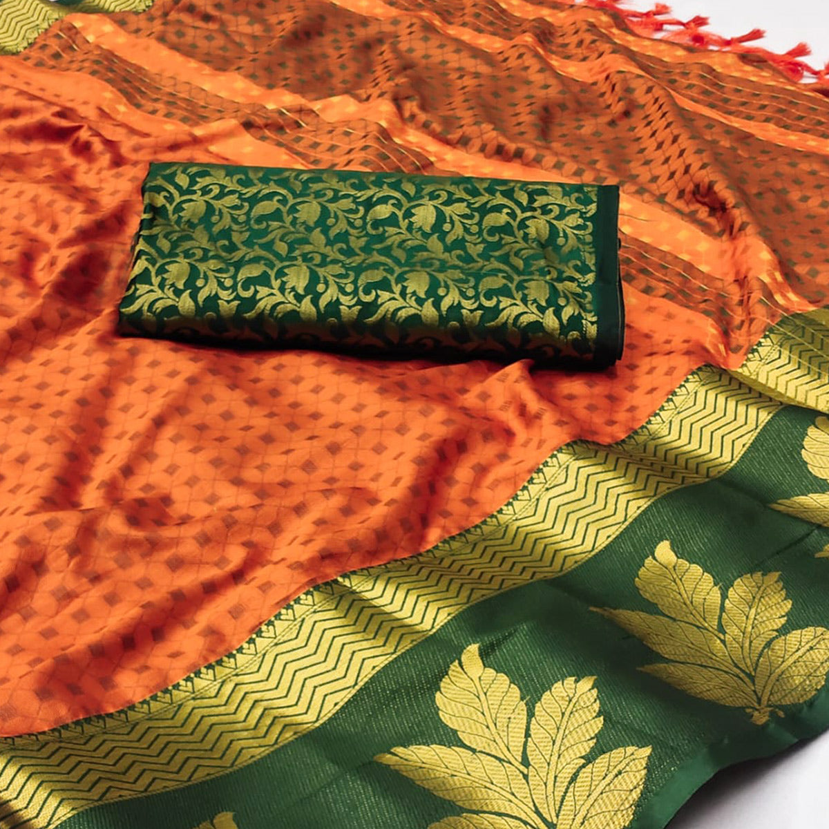 Orange Woven Cotton Silk Saree With Tassels