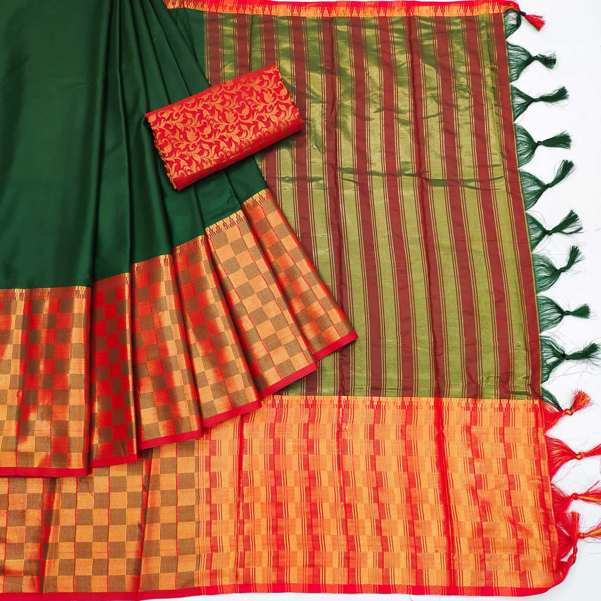 Bottle Green Woven Cotton Silk Saree With Tassels