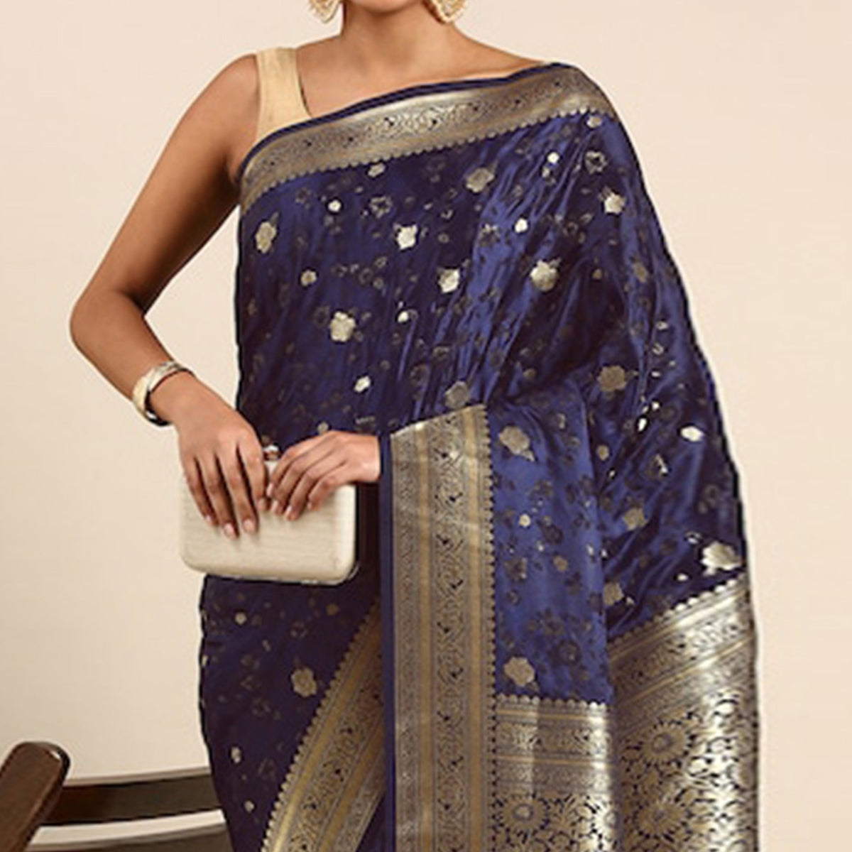 Navy Blue Woven Kanjivaram Silk Saree WithTassels