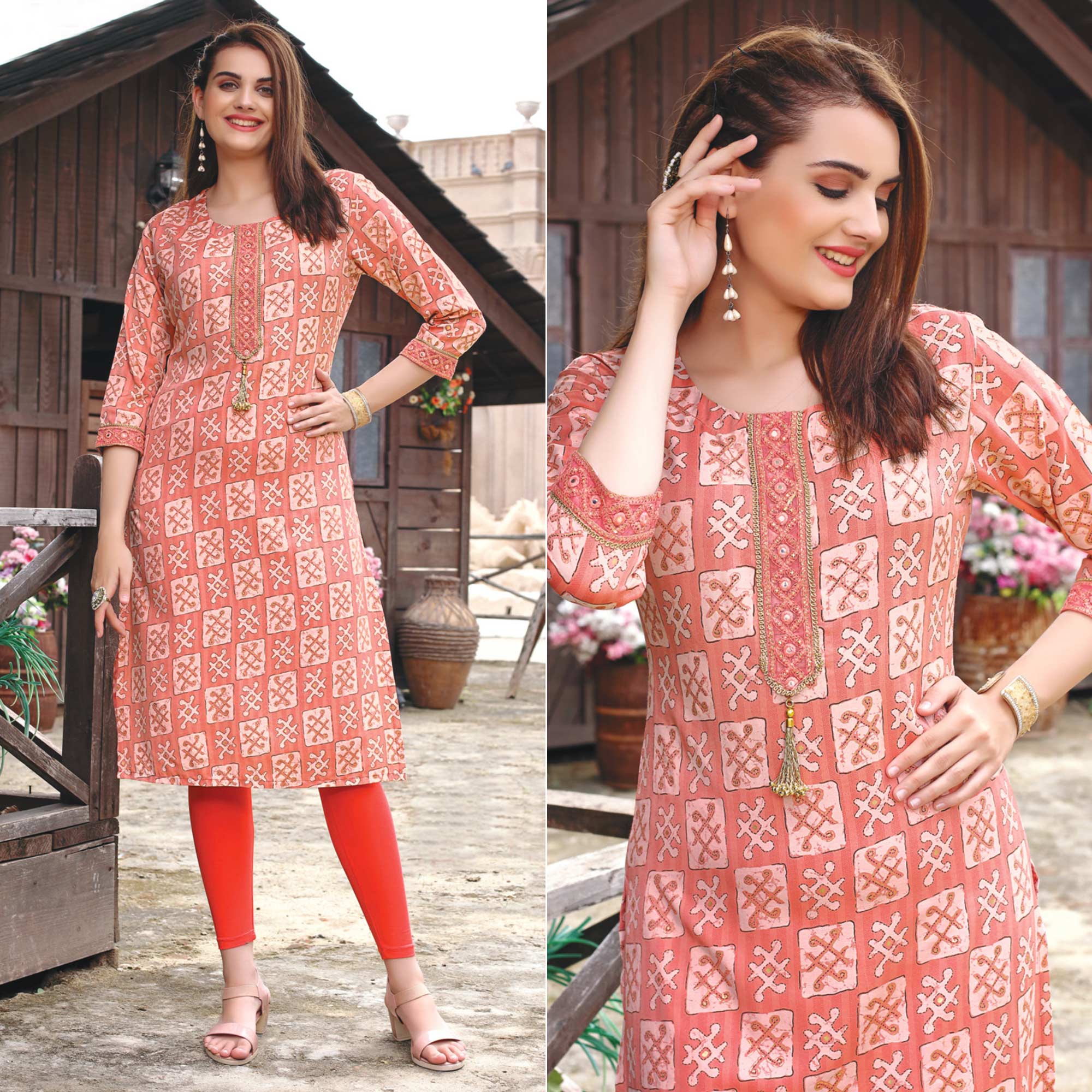 Light Peach Printed Muslin Kurti