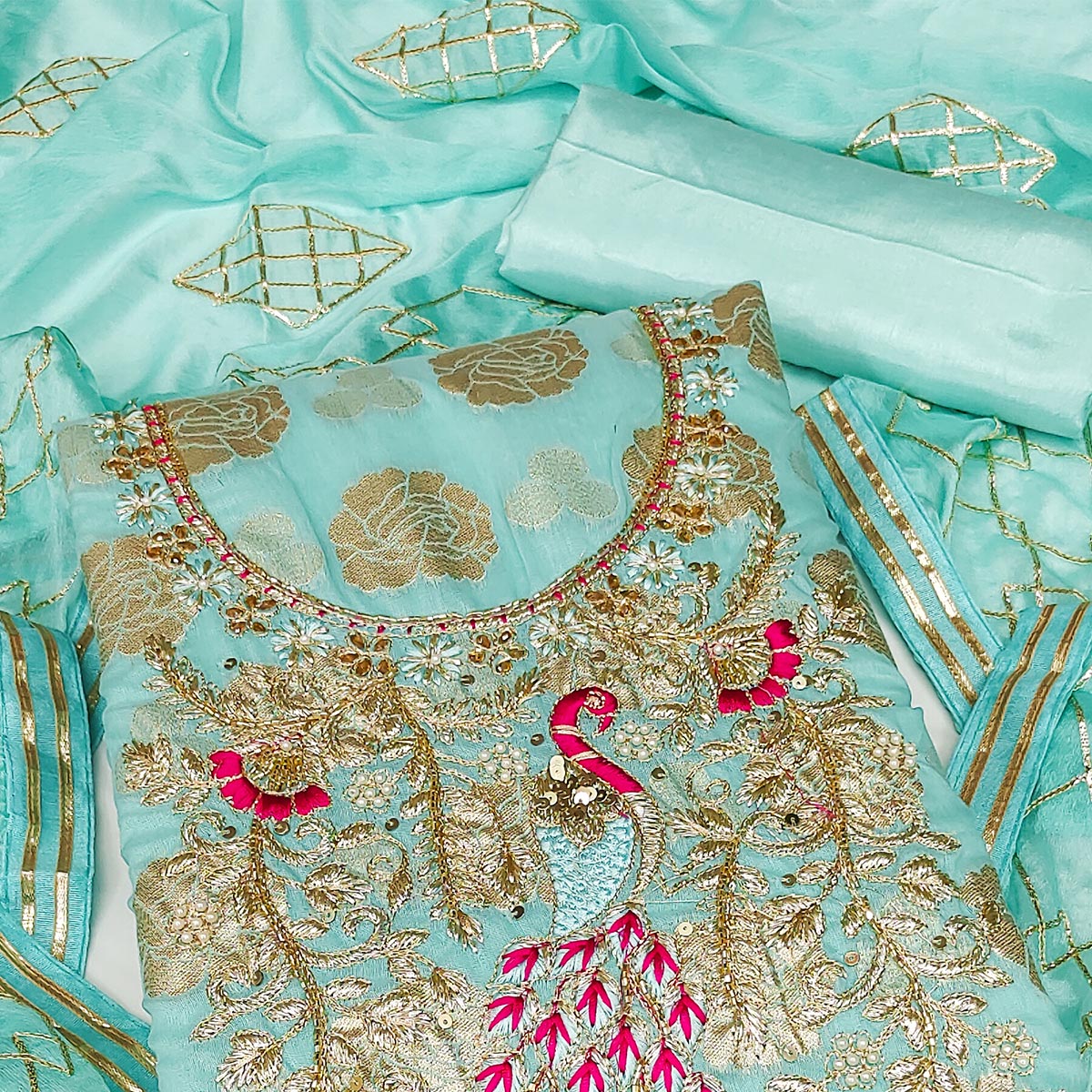 Blue Woven Banarasi Silk Dress Material
