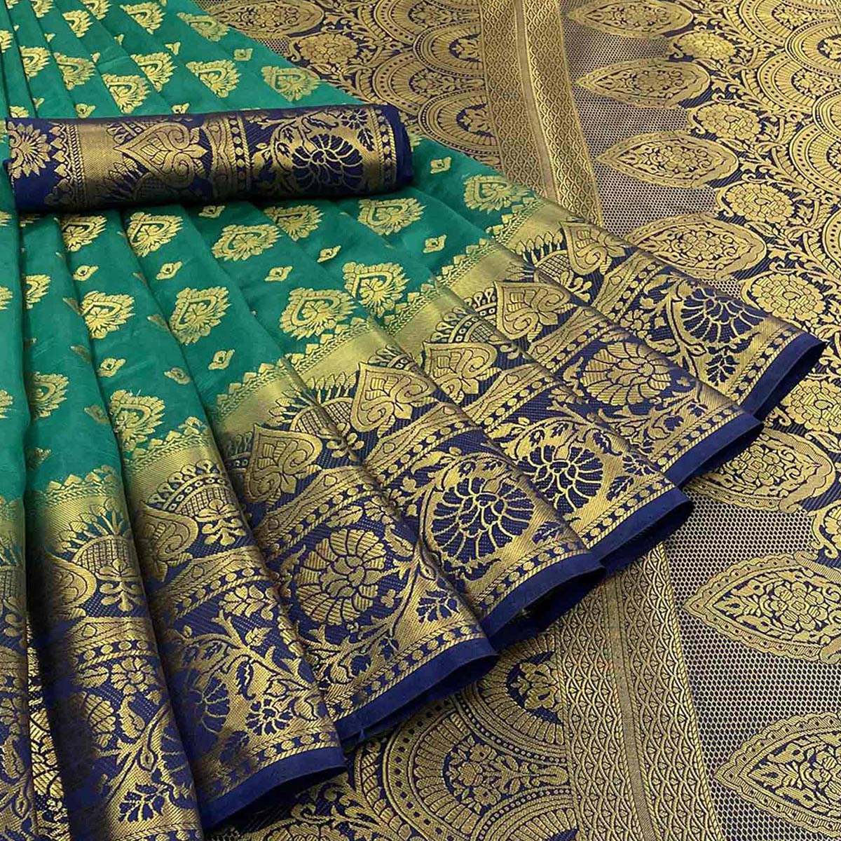 Rama Green Woven Banarasi Silk Saree