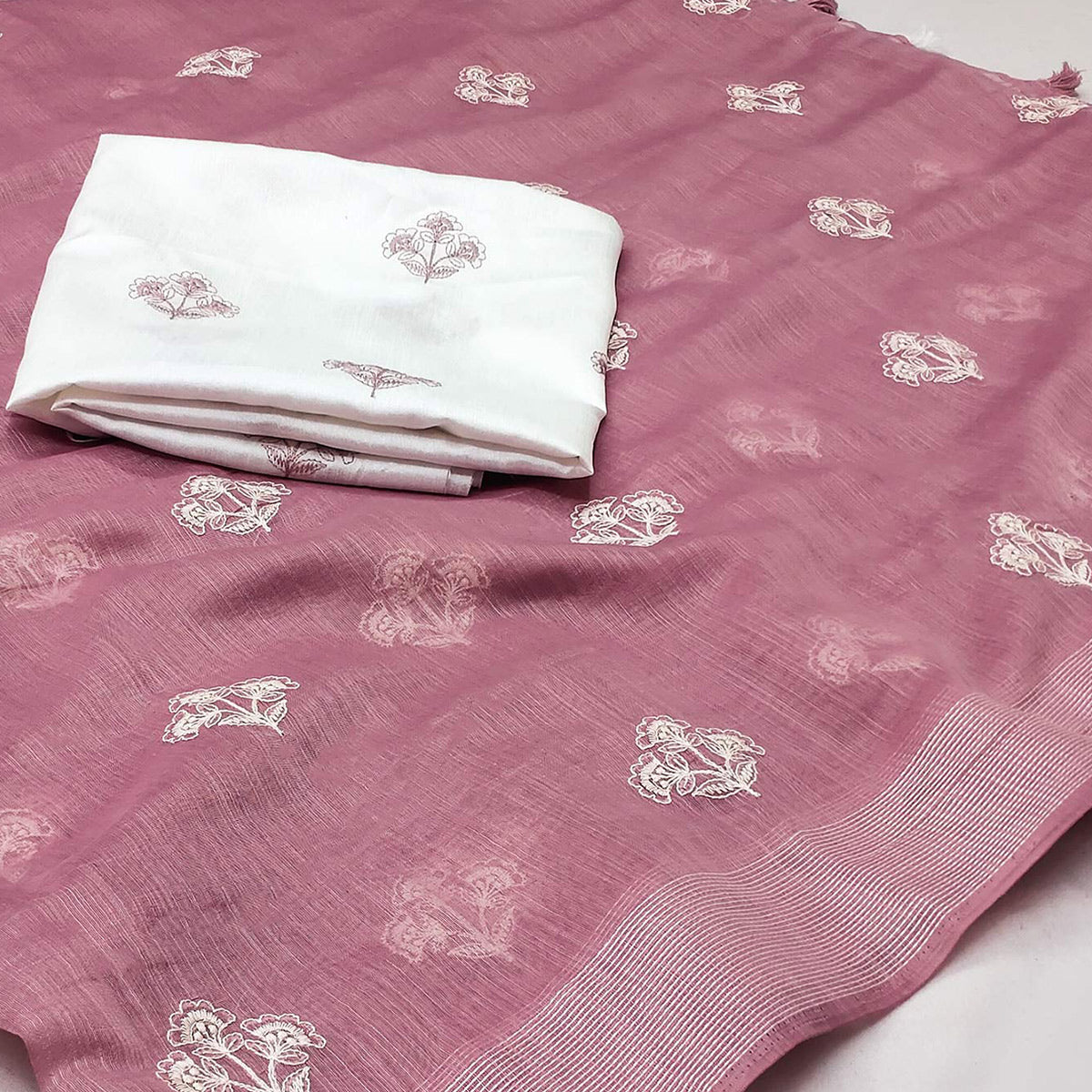 Dusty Pink Floral Embroidered Raw Silk Saree