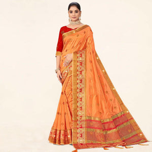 Orange Woven Organza Saree With Tassels