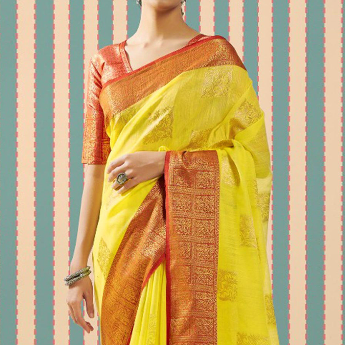 Yellow Woven Linen Saree With Tassels