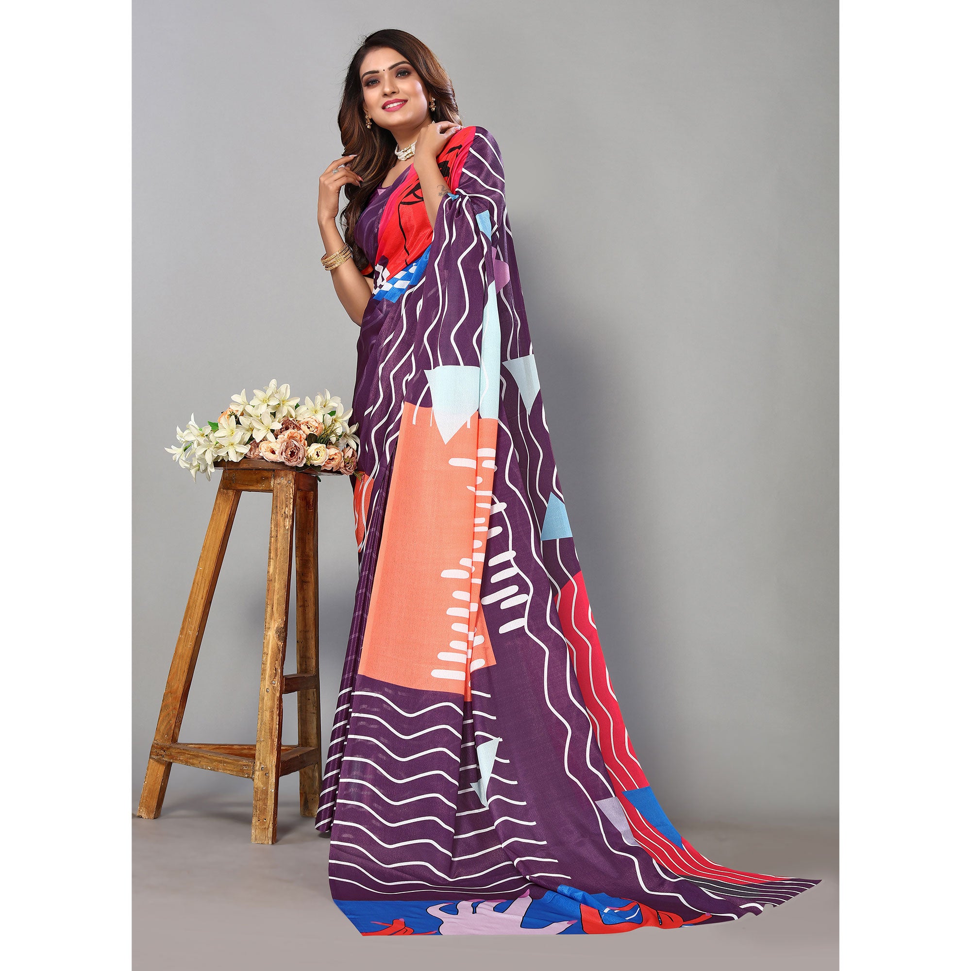 Wine Digital Printed Chiffon Saree